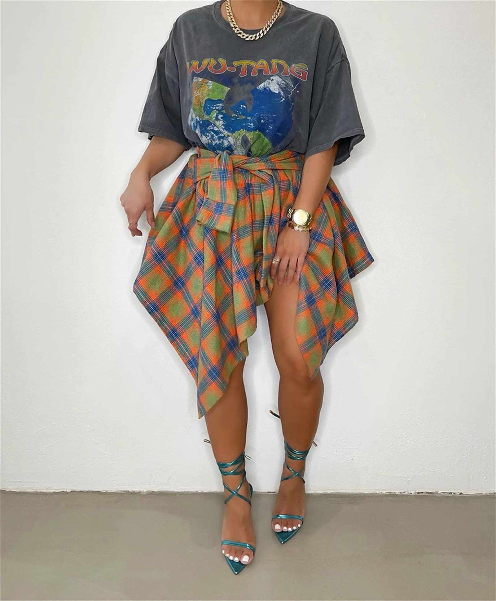 Women's Fashion Multicolor Plaid Print Asymmetrical Hem High Waist Skirt