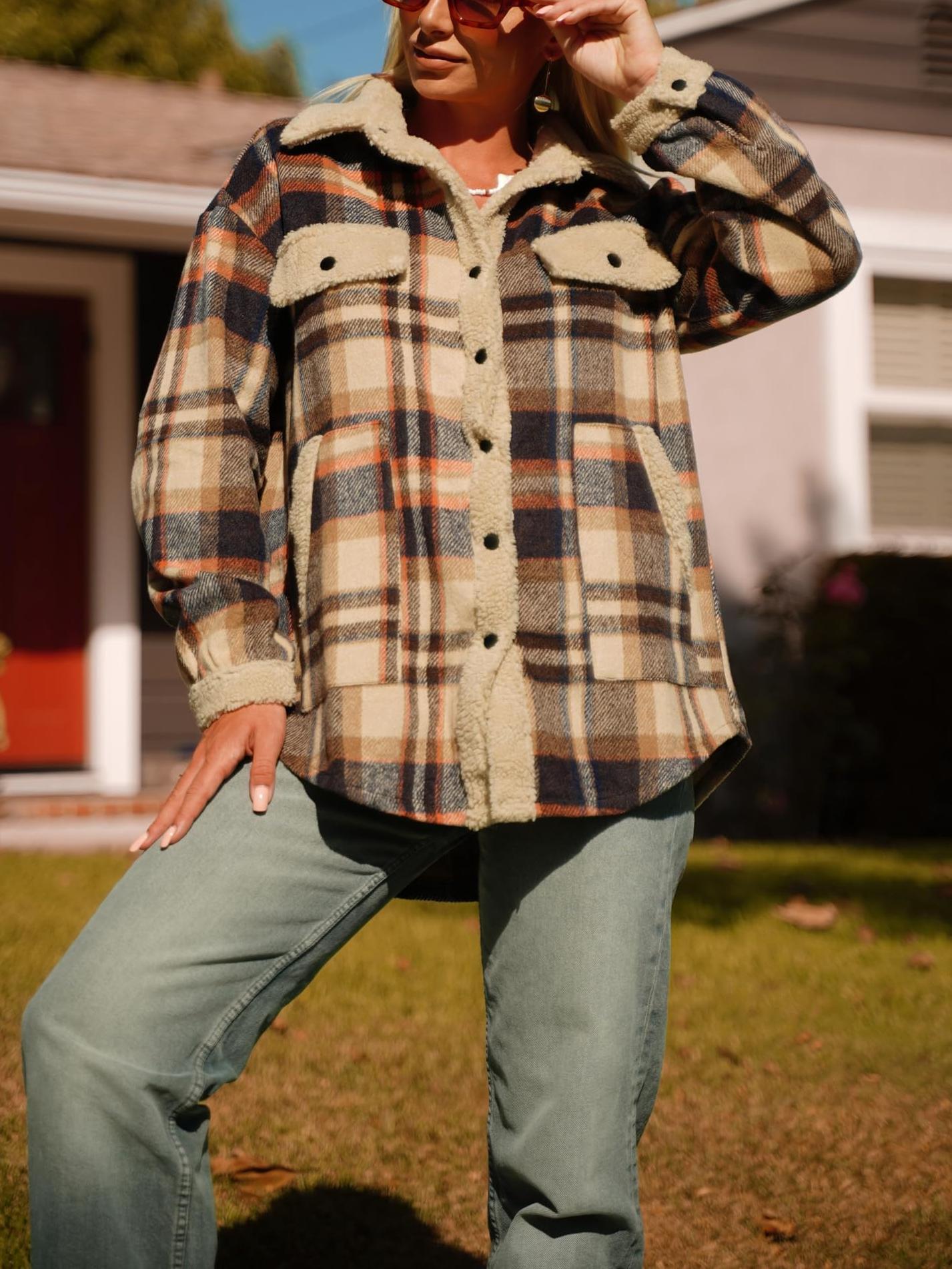 Womens Plaid Casual Long Sleeve Button Down  Fall Winter Coats（Buy 2 10% off）