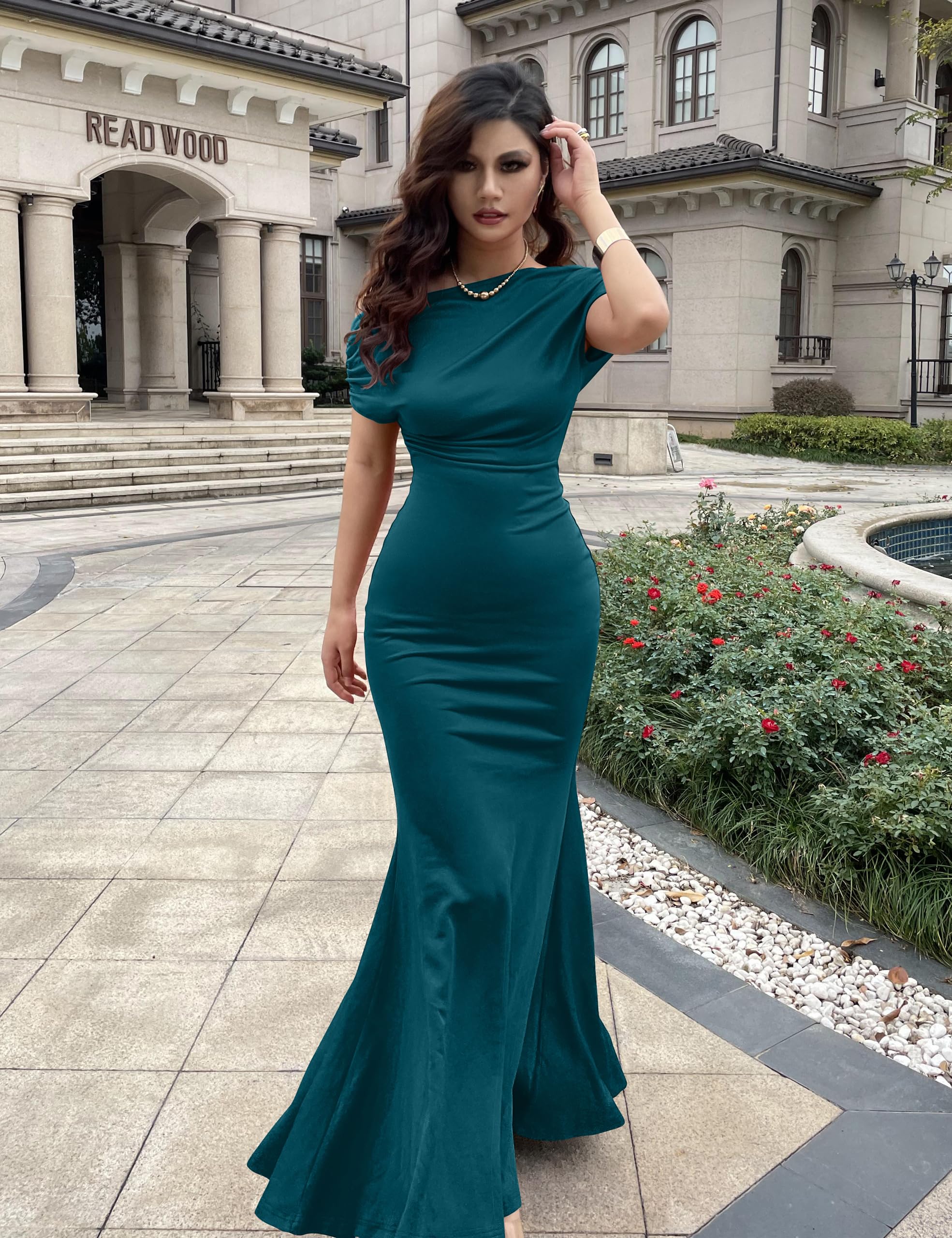Women's Elegant Sleeveless Off Shoulder Bodycon Long Formal Party Evening Dress