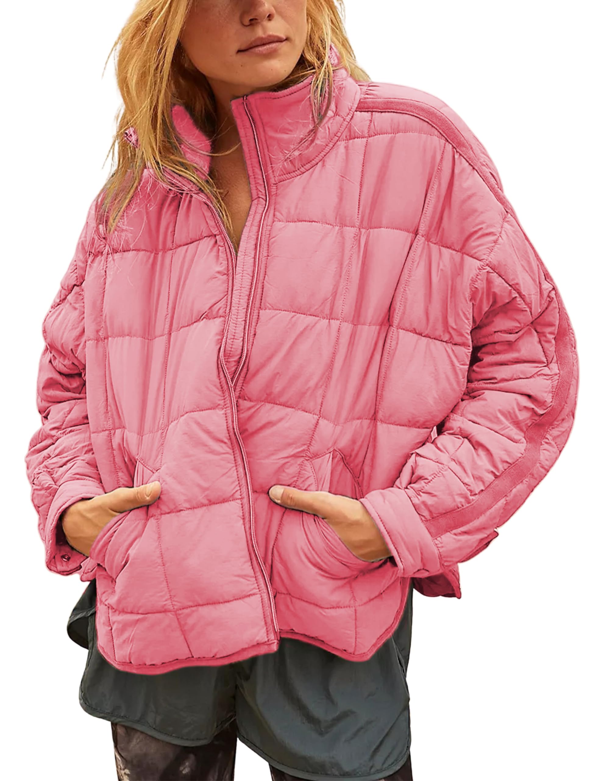 Women's Oversized Splice Quilted Lightweight Puffer Jacket Casual Padded Coat With Pockets