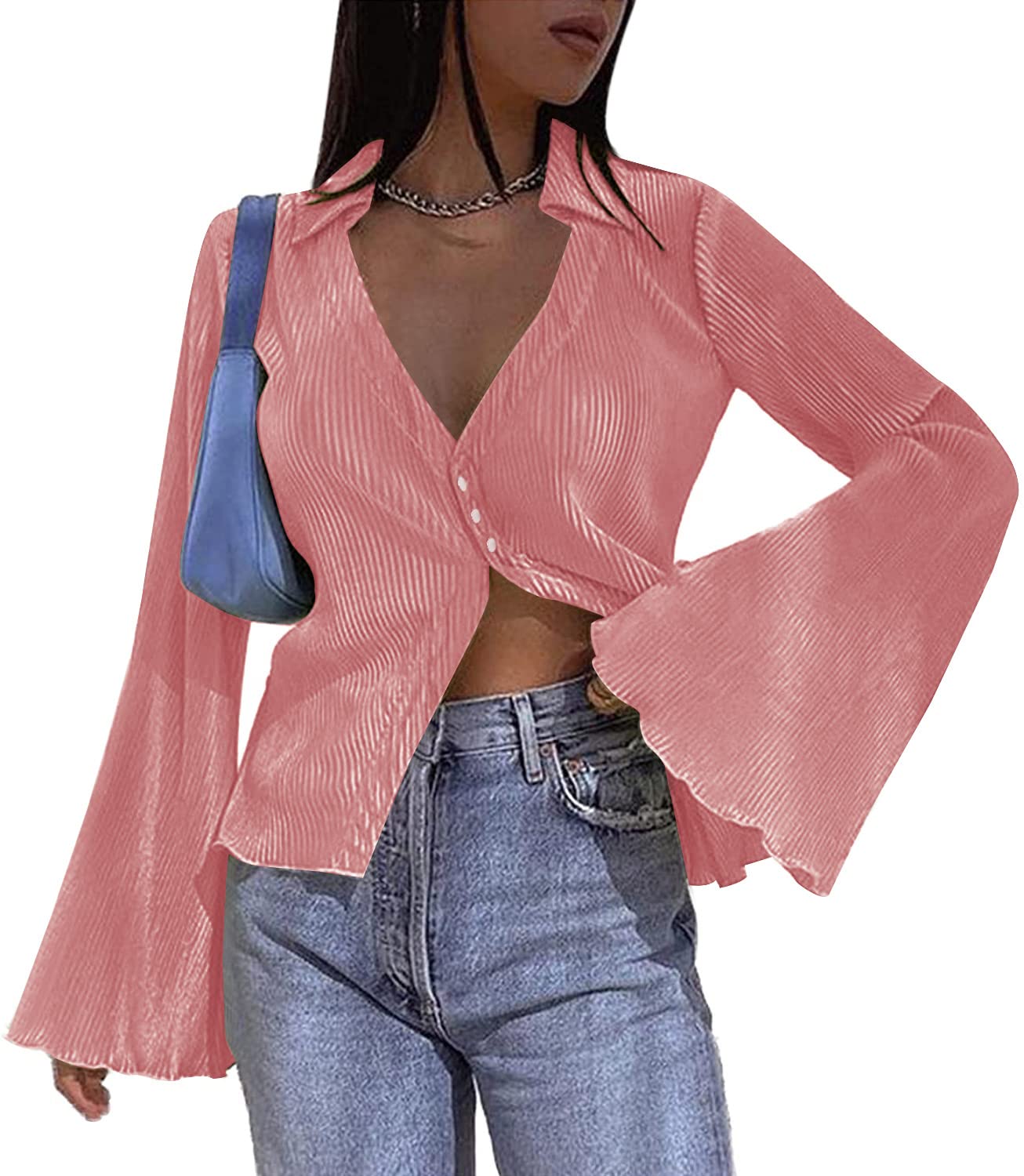Women's Deep V Neck Shirt  Blouse Bell Long Sleeve Tops