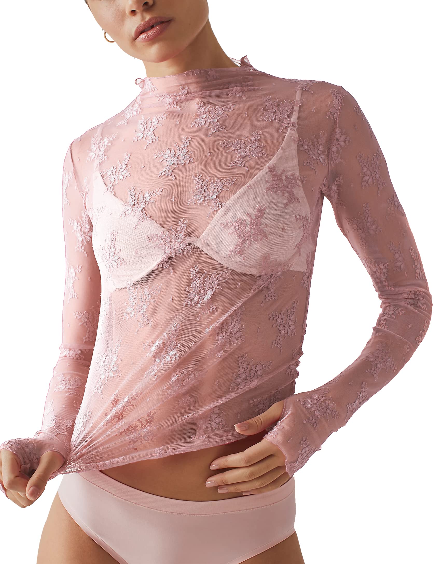 Women's Sexy Long Sleeve Mock Neck Lace Floral Lace Tops