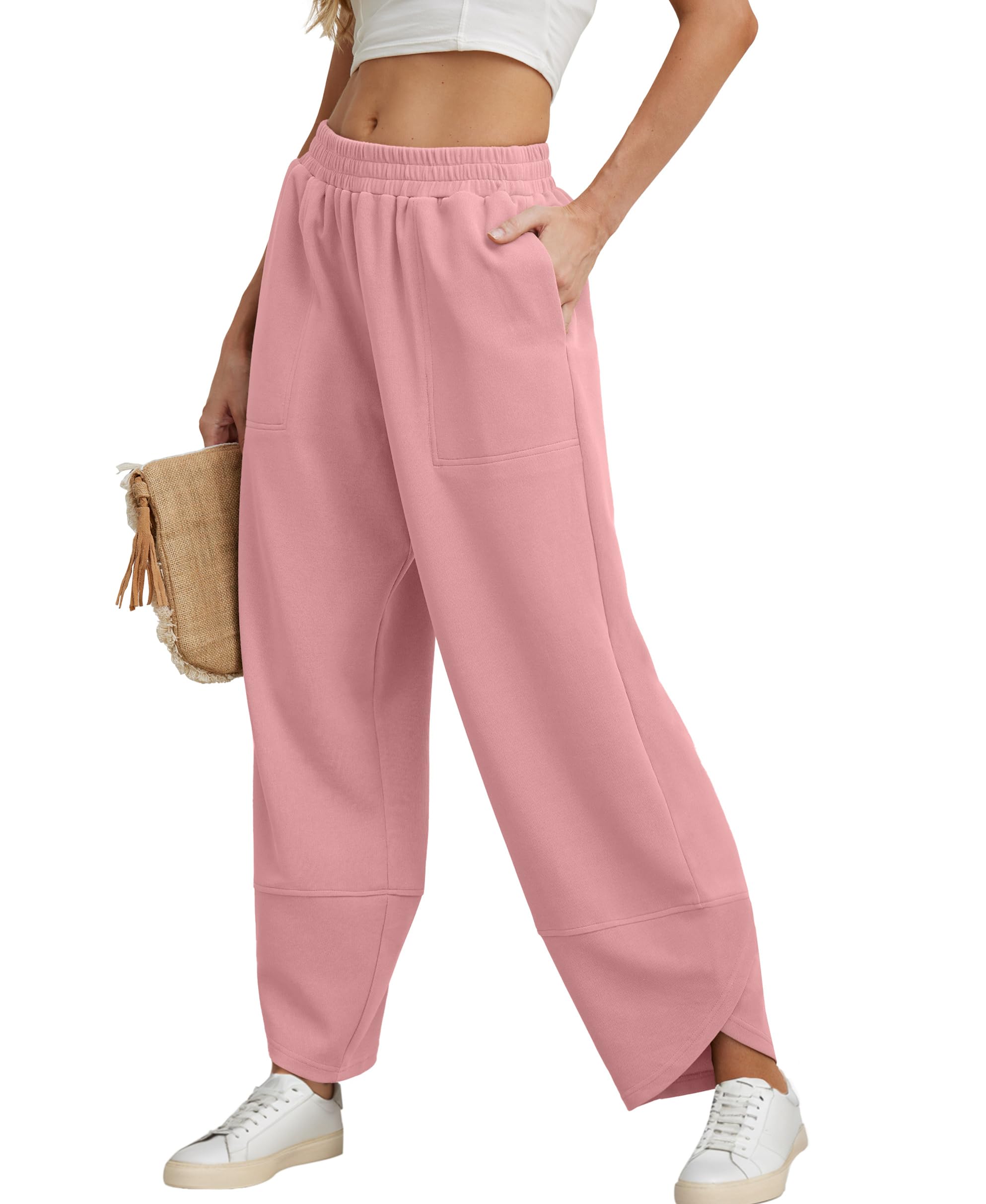 Women's Cotton Elastic Waisted Baggy Wide Leg Pants With Pockets