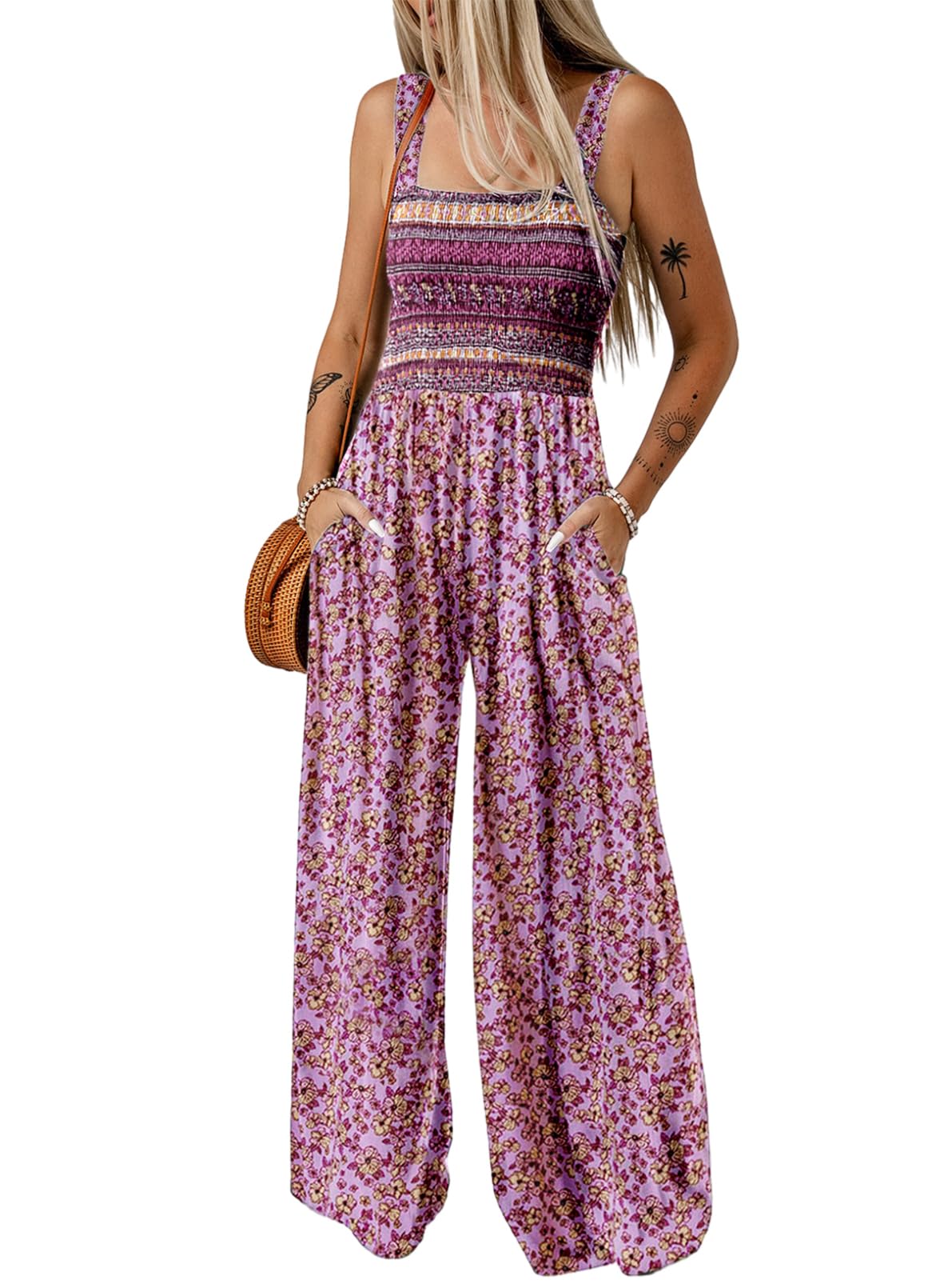 Womens Overalls Casual Floral Print Sleeveless Jumpsuit with Pockets