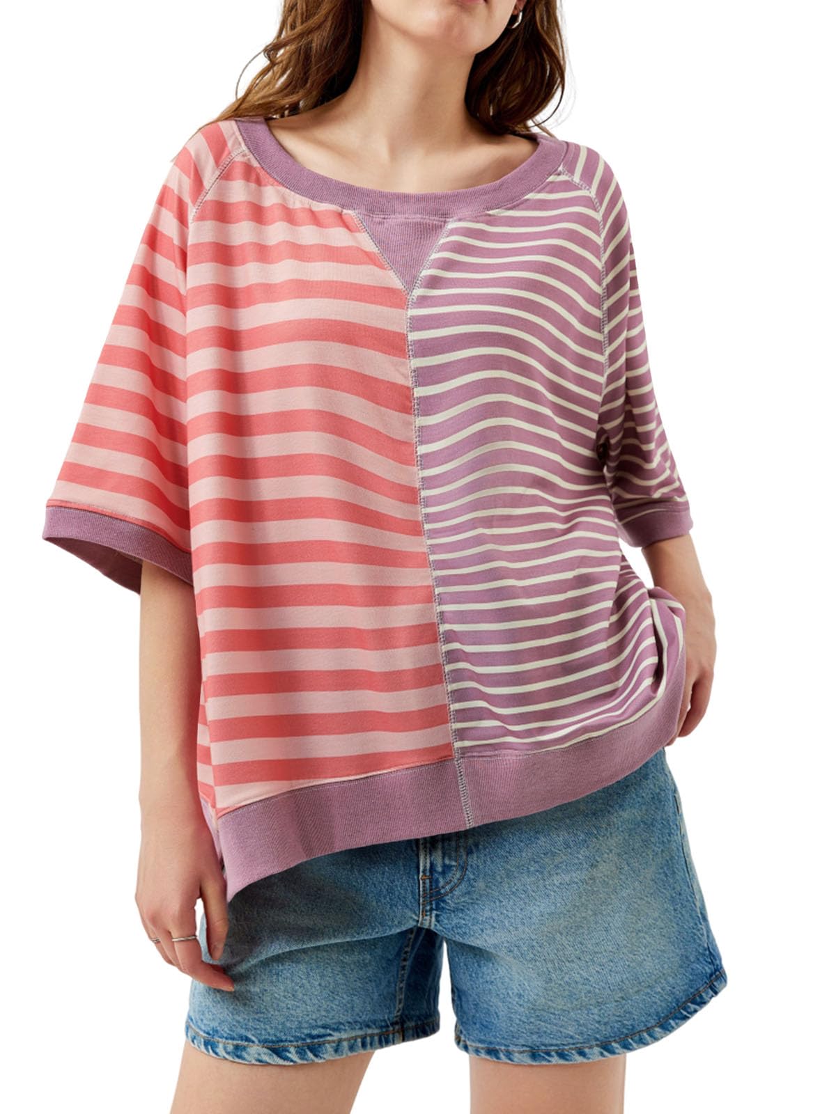 Women's Oversized Striped Color Block Loose Top