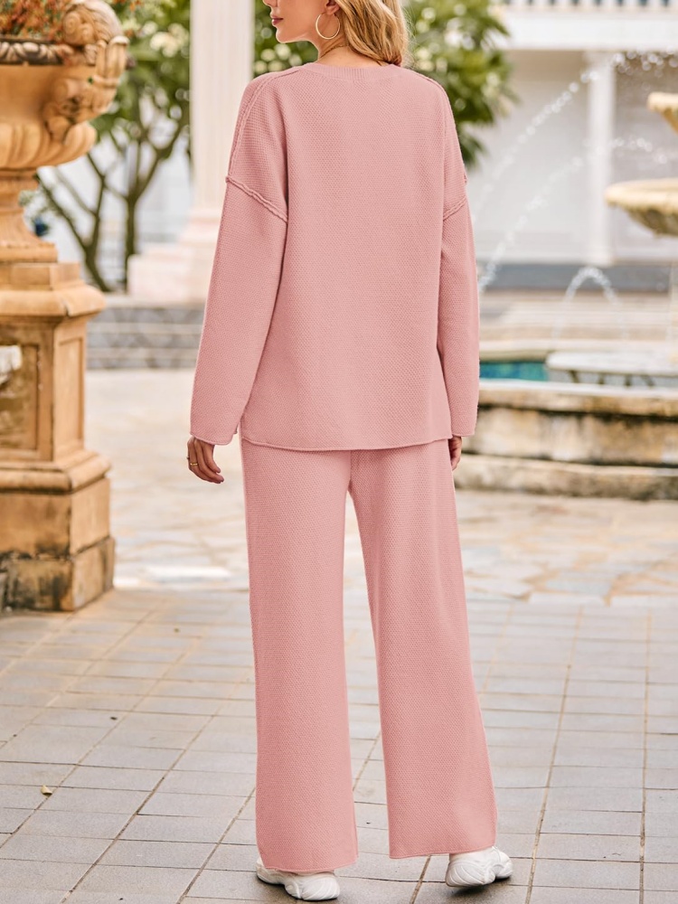 Women's Long Sleeve Button Knit Pullover Sweater and Pants Lounge 2 Piece Outfit Sets