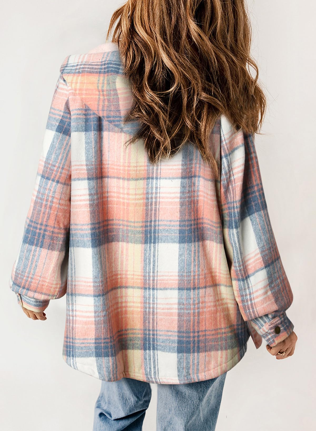  Women's Plaid Long Sleeve Button Fleece Hooded Jacket