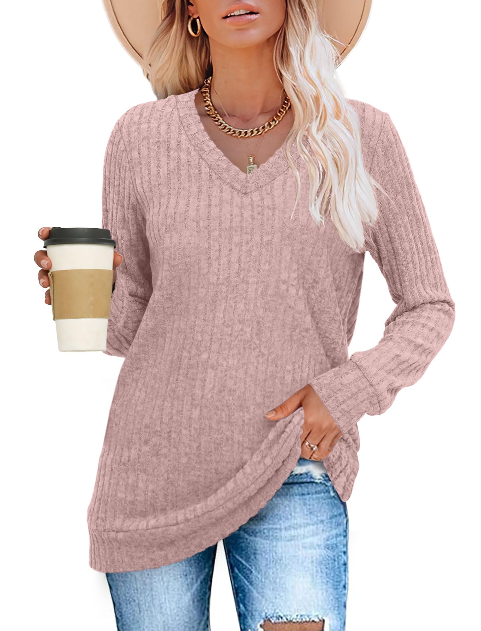 Women's Casual Fall V Neck Lightweight Tunic Sweaters 