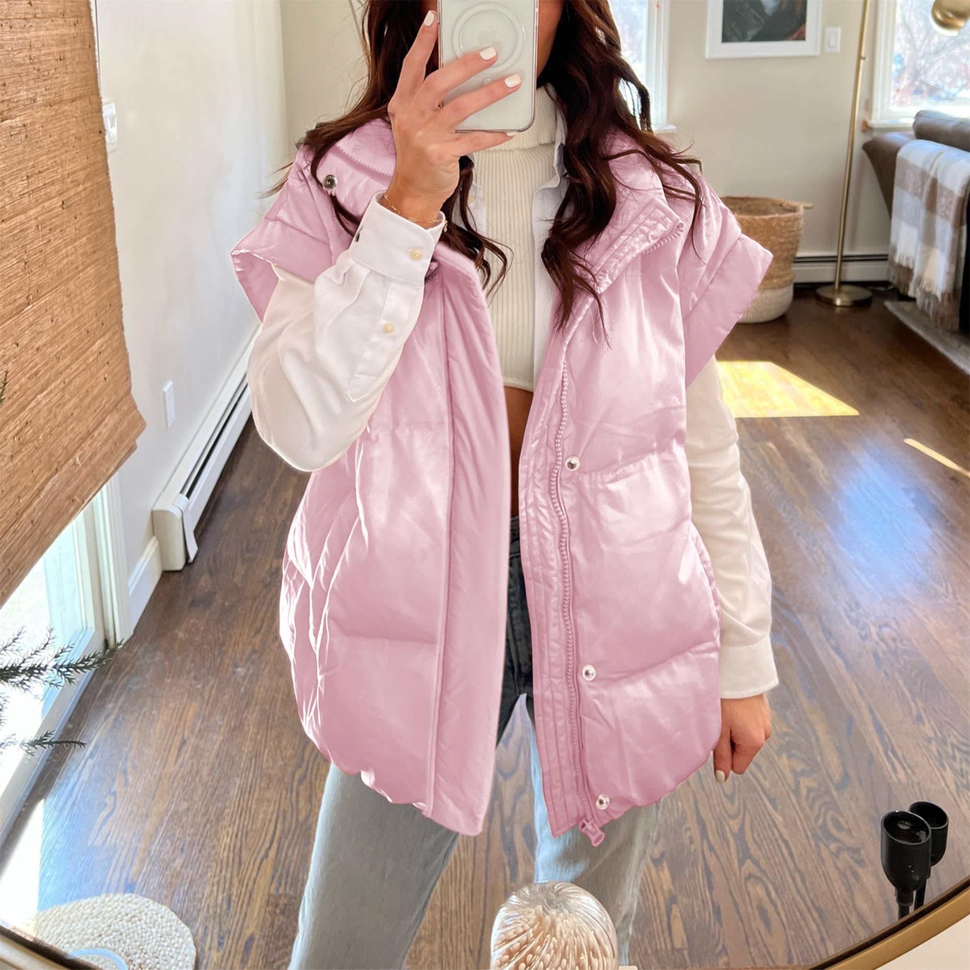 Women's Oversized Stand Collar Full Zip Puffer Vest