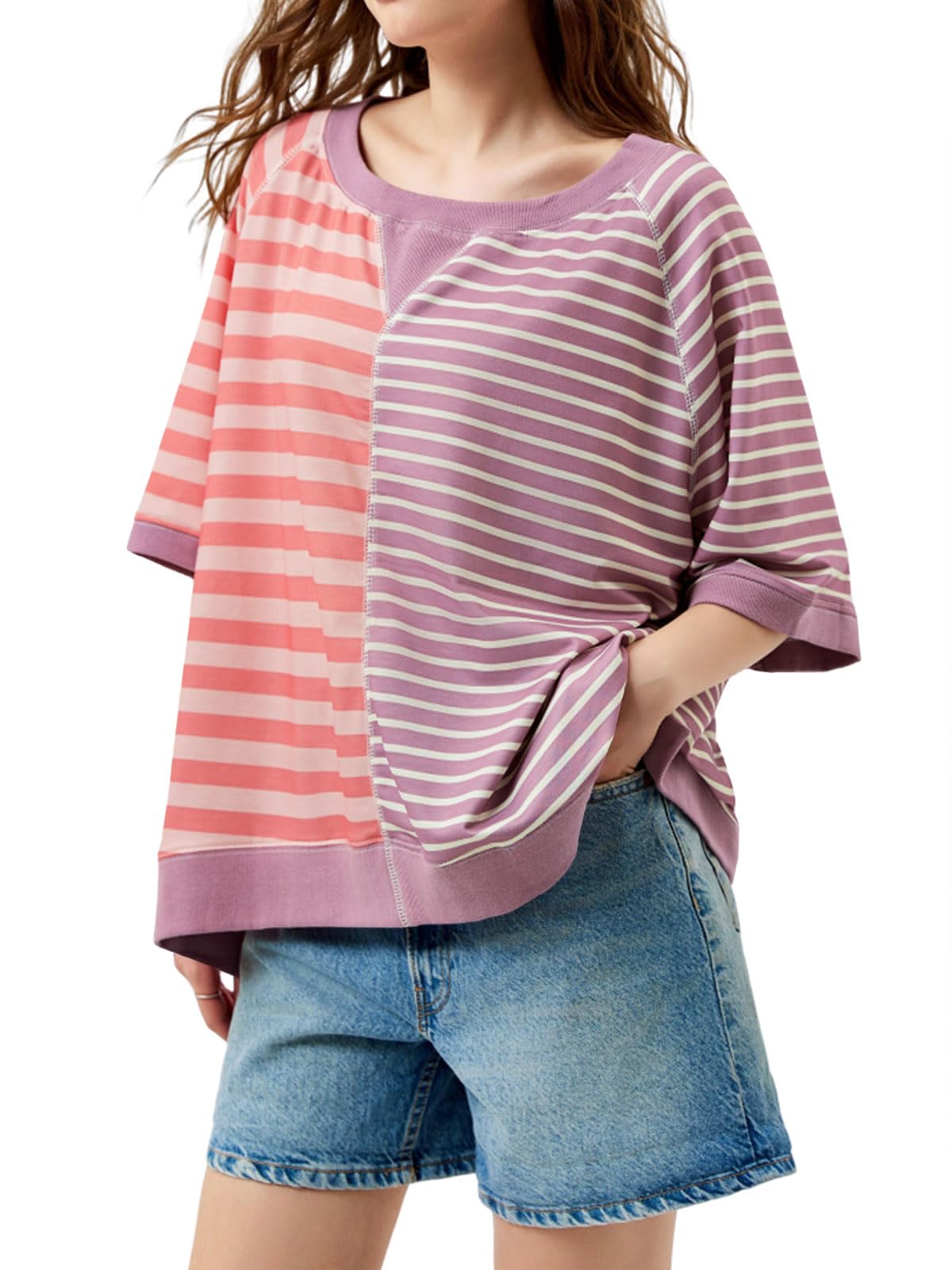 Women's Oversized Striped Color Block Loose Top