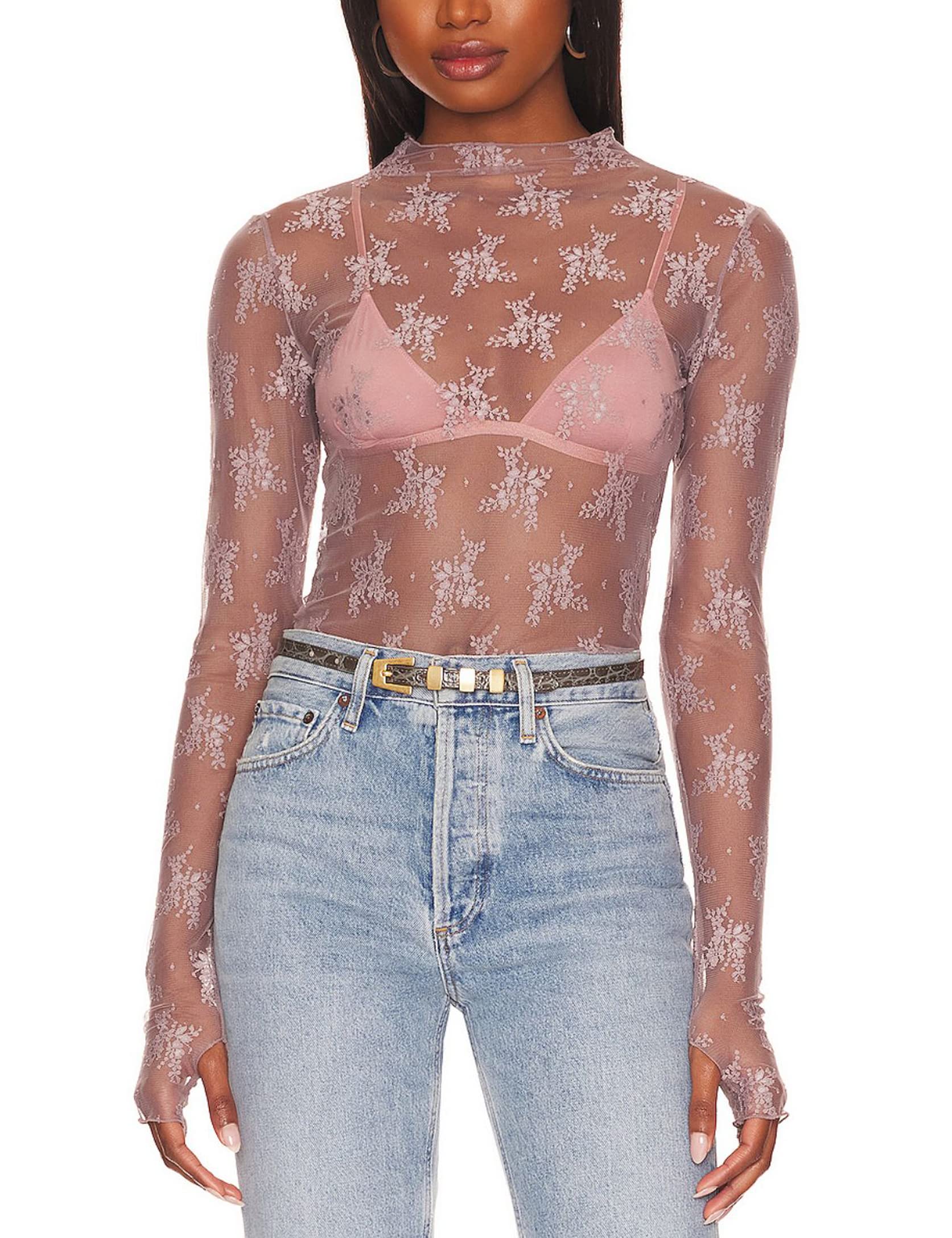 Women's Sexy Long Sleeve Mock Neck Lace Floral Lace Tops