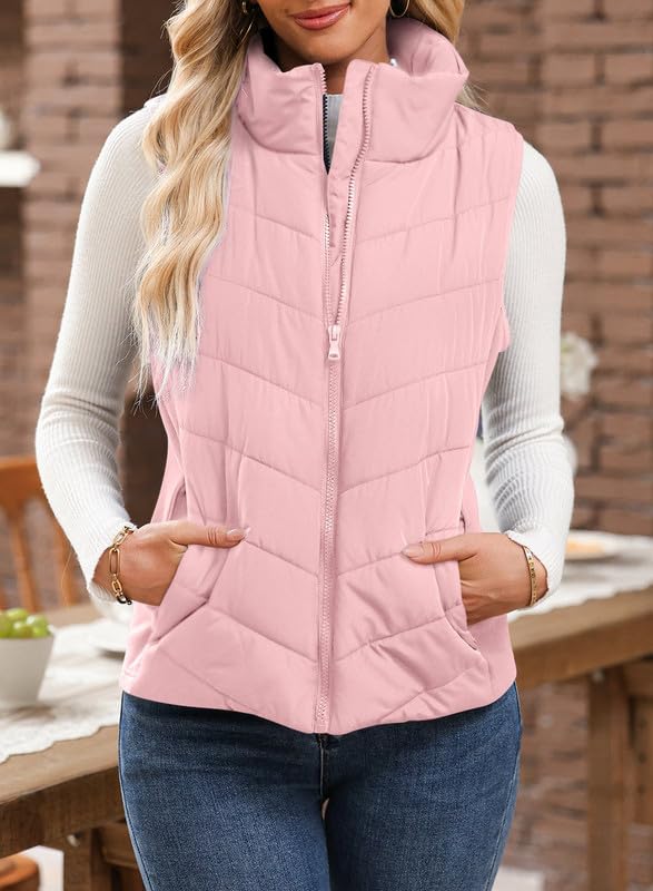 Womens Sleeveless Zip Up Stand Collar Quilted Vest