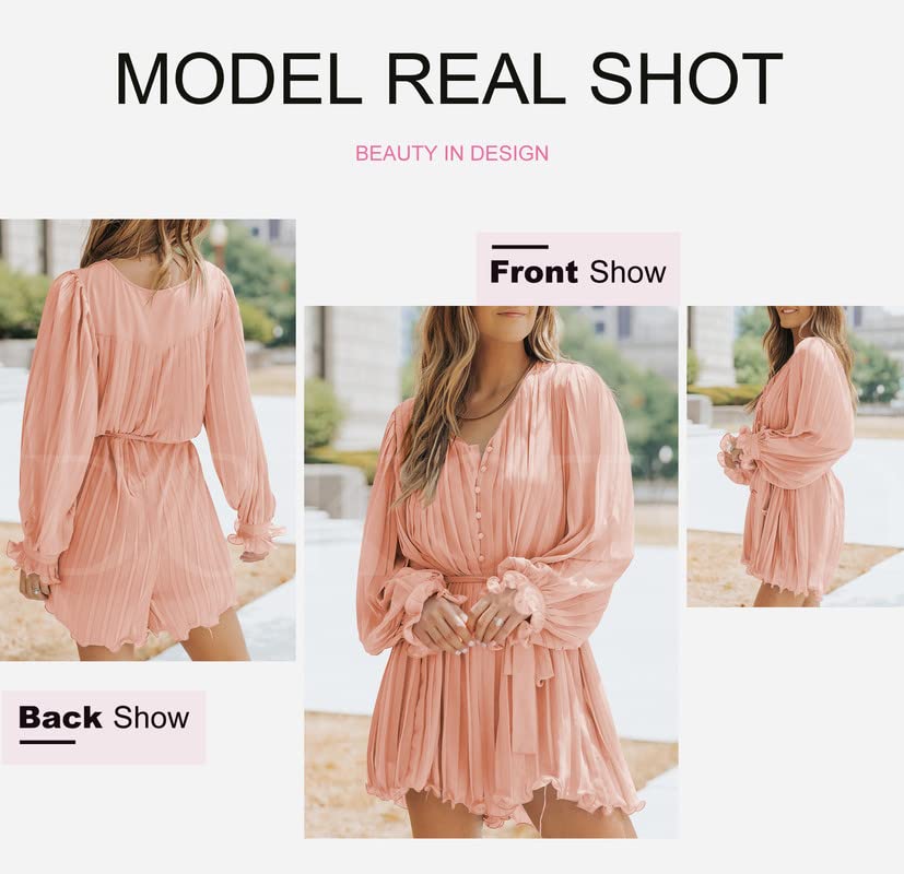 Womens Summer Rompers-Buttons V Neck Tie Waist Flared Pleated Drape Long Sleeve