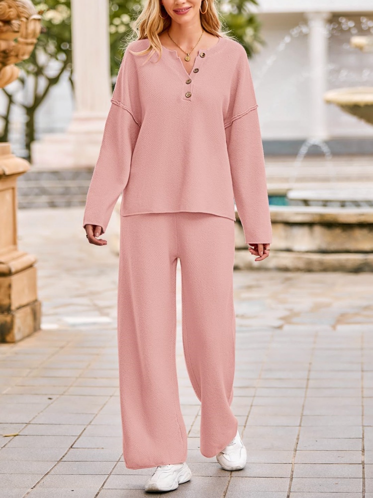Women's Long Sleeve Button Knit Pullover Sweater and Pants Lounge 2 Piece Outfit Sets