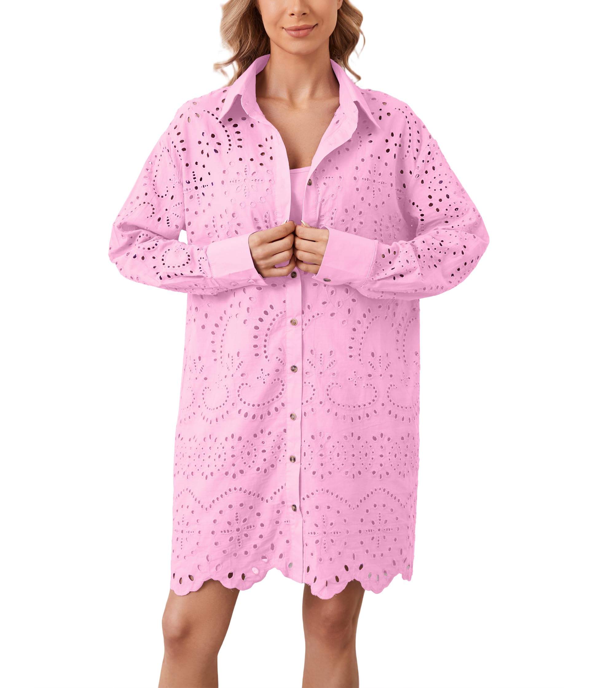 Women's Hollow Out Button Down Lapel Loose Mini Shirt Dress