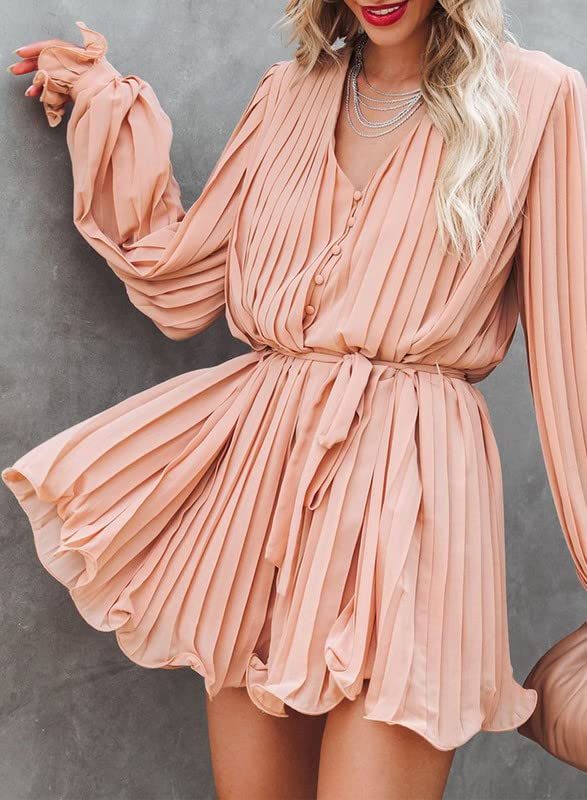 Womens Summer Rompers-Buttons V Neck Tie Waist Flared Pleated Drape Long Sleeve