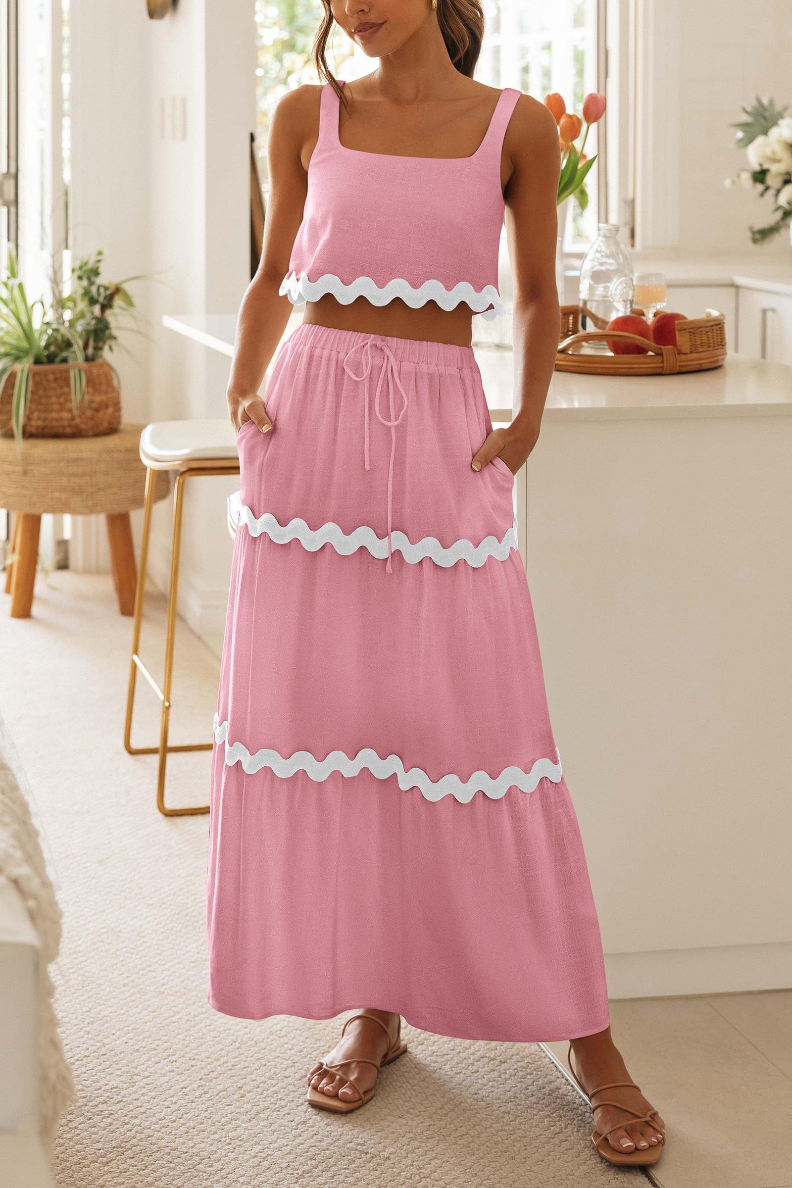 Women's Casual Sleeveless Cropped Tank Top High Waisted Maxi Skirt Set