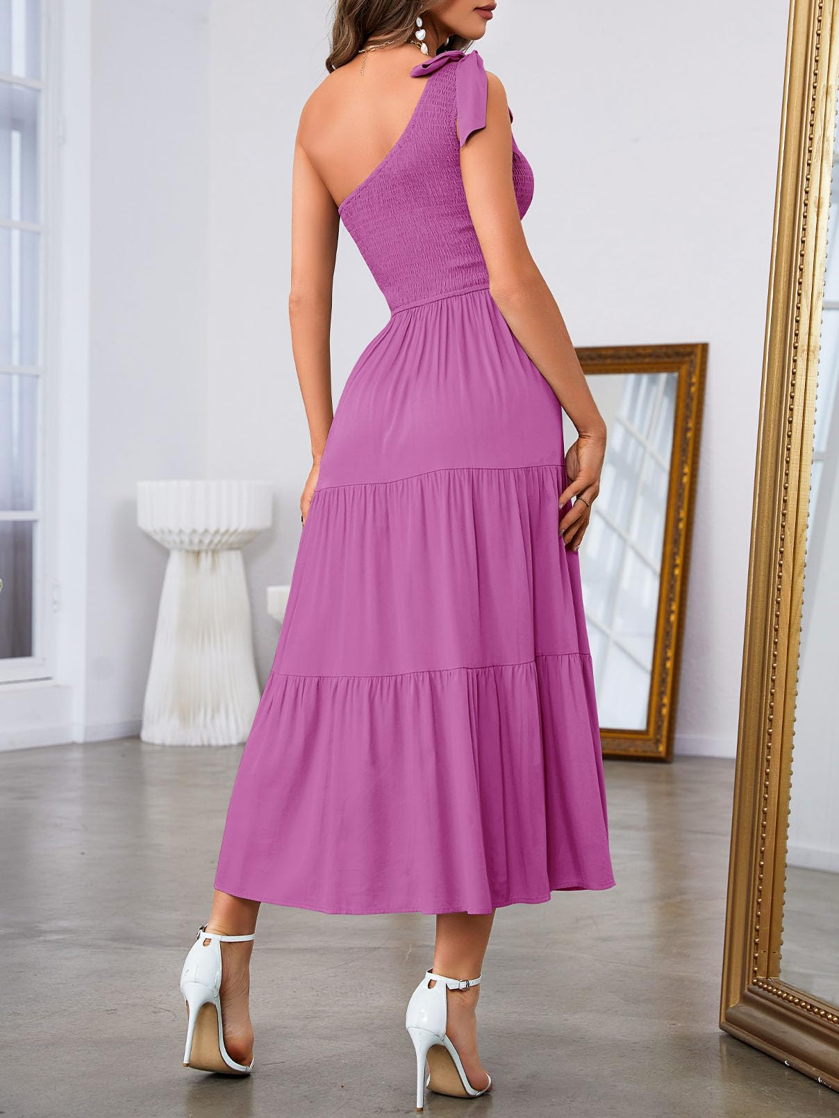 Women's Summer One Shoulder Sleeveless Knot Smocked Midi Dress