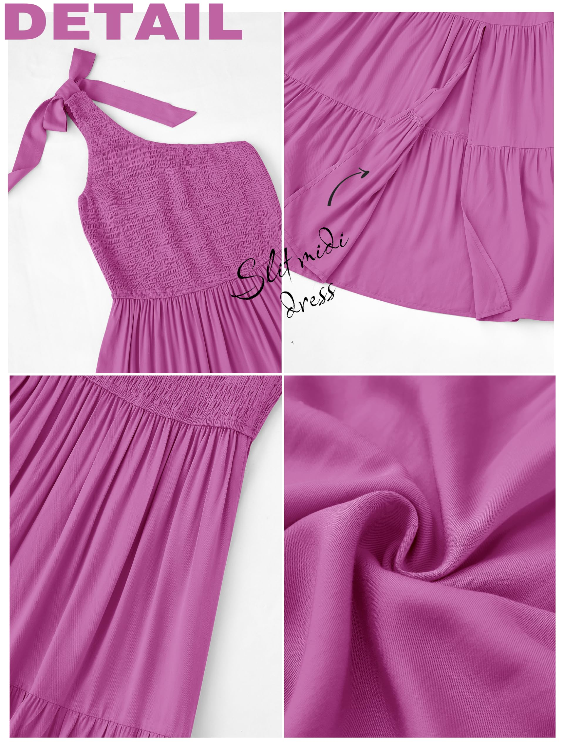 Women's Summer One Shoulder Sleeveless Knot Smocked Midi Dress