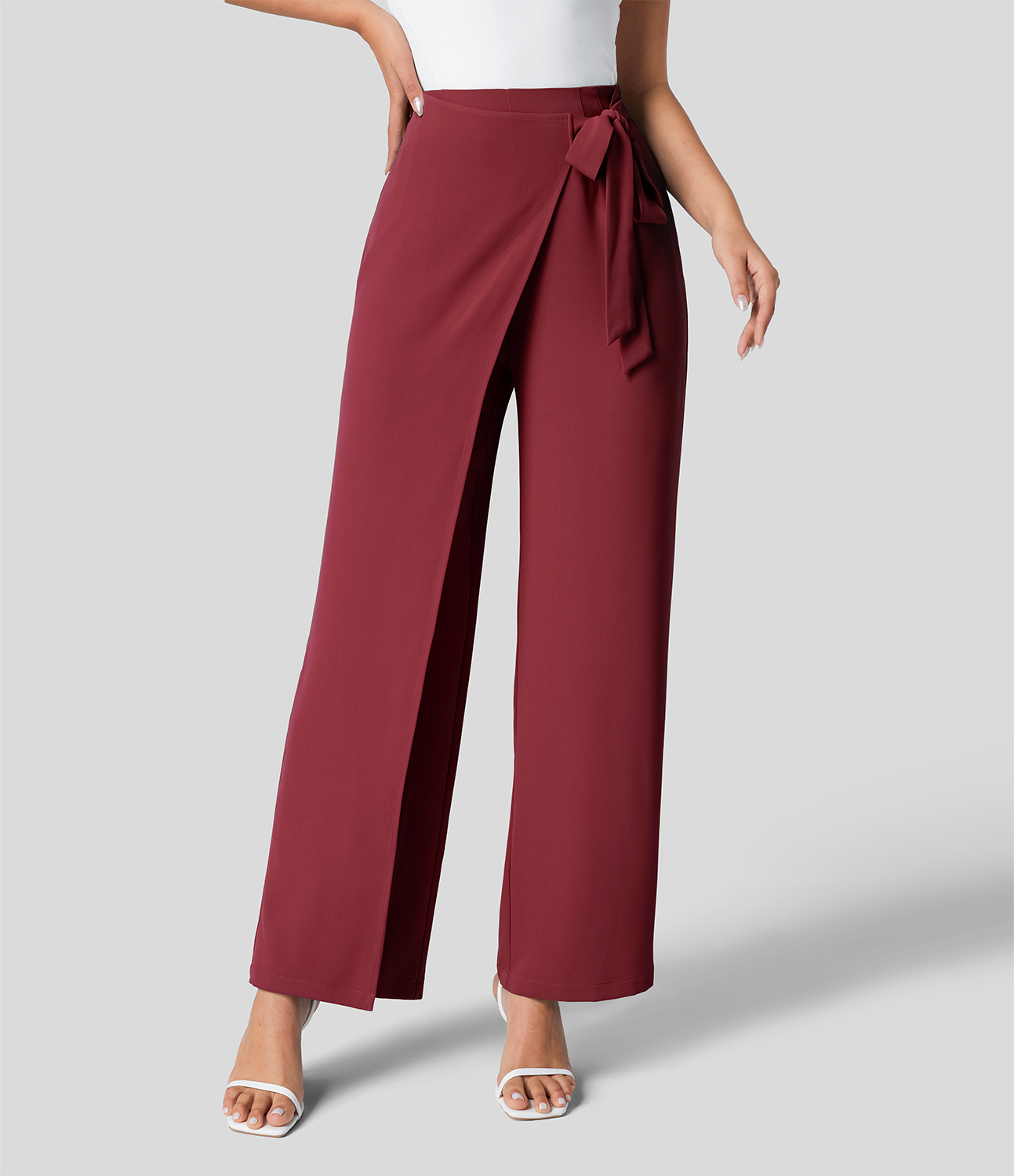 High Waisted Tie Side Invisible Zipper Wide Leg Work Suit Pants