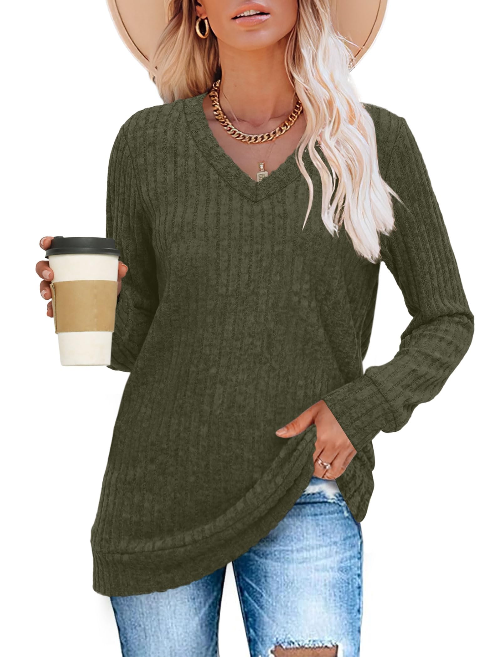 Women's Casual Fall V Neck Lightweight Tunic Sweaters 