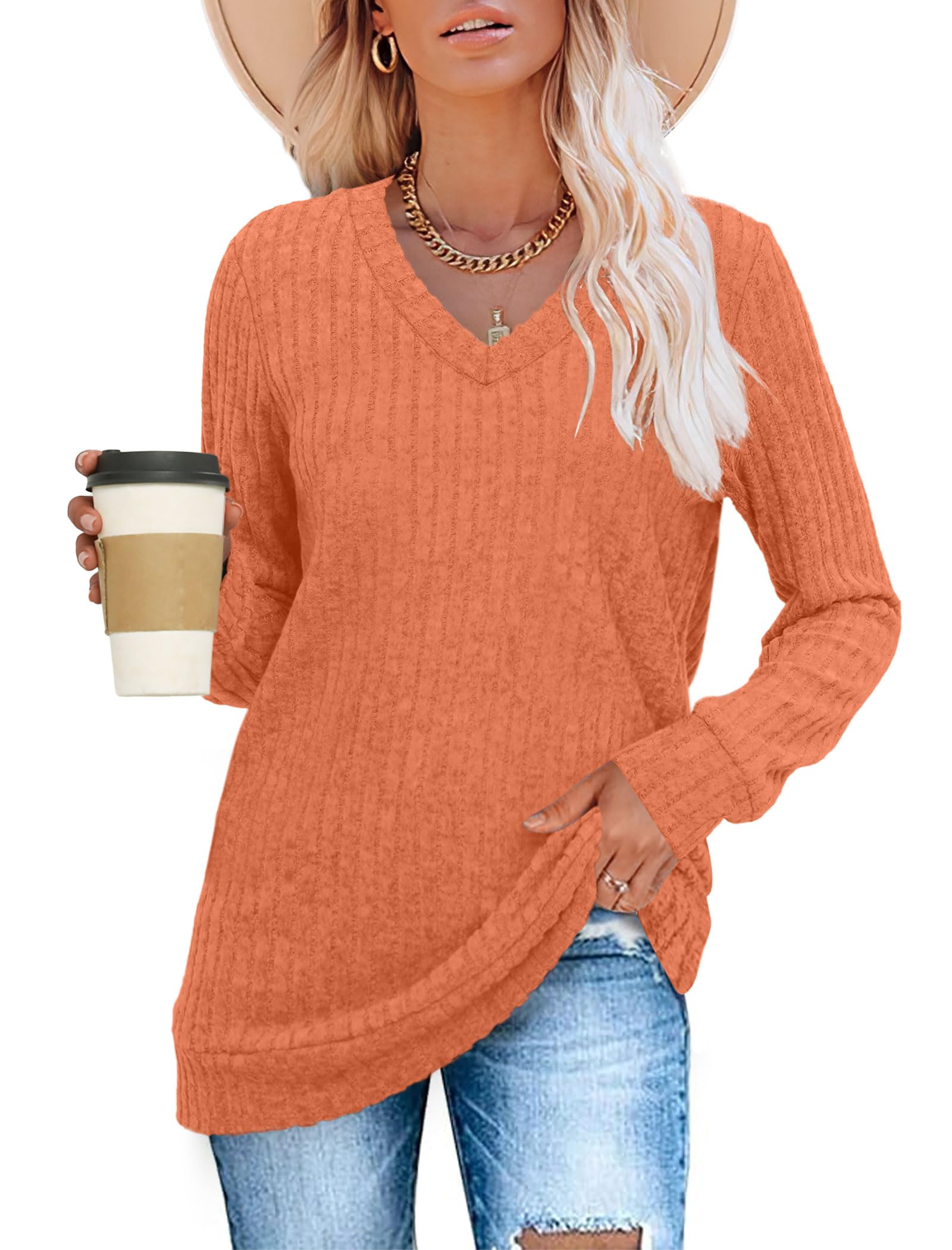 Women's Casual Fall V Neck Lightweight Tunic Sweaters 