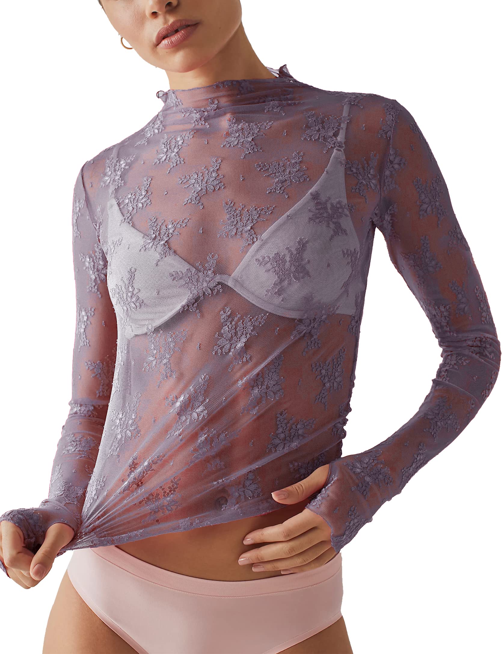 Women's Sexy Long Sleeve Mock Neck Lace Floral Lace Tops