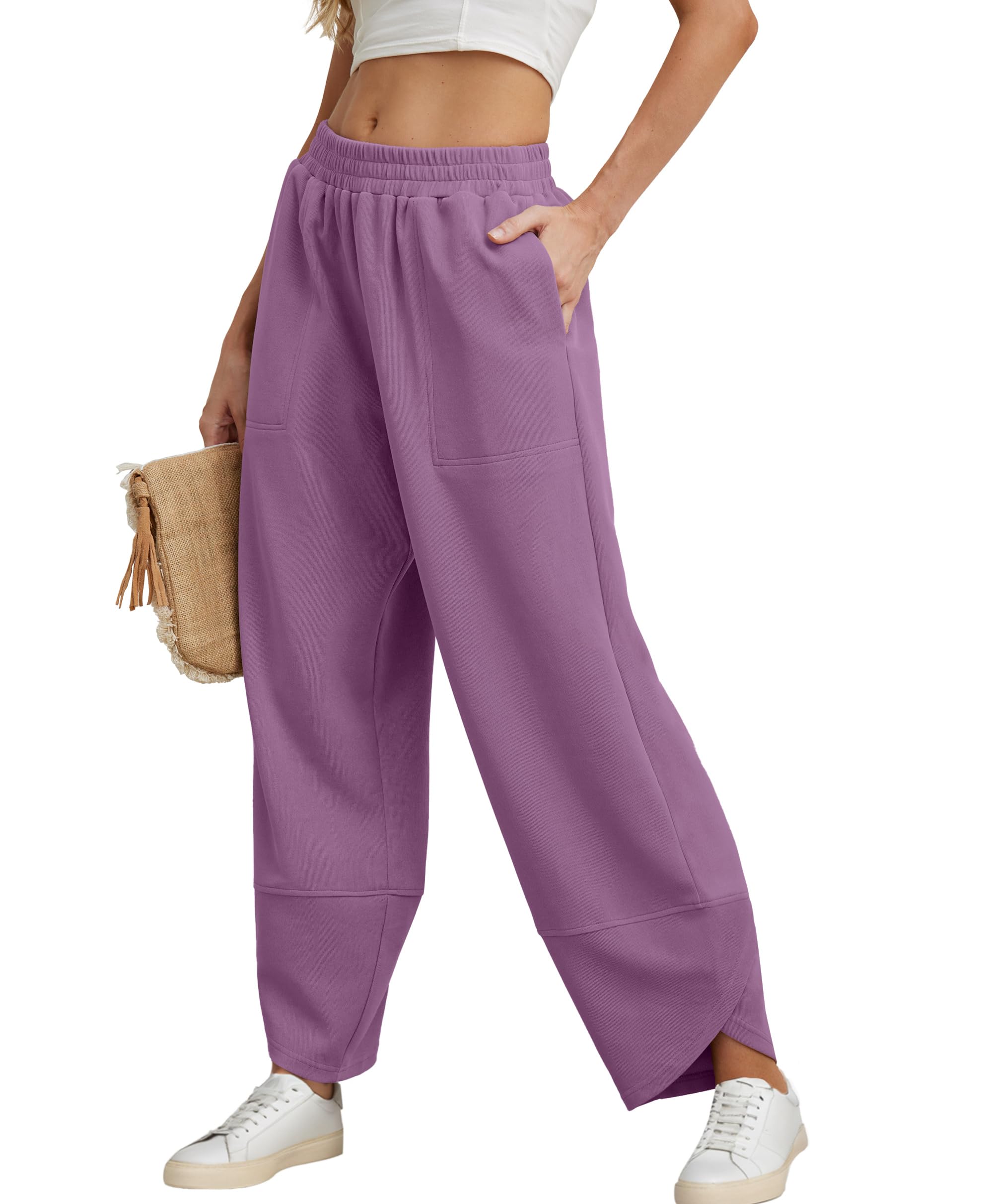 Women's Cotton Elastic Waisted Baggy Wide Leg Pants With Pockets
