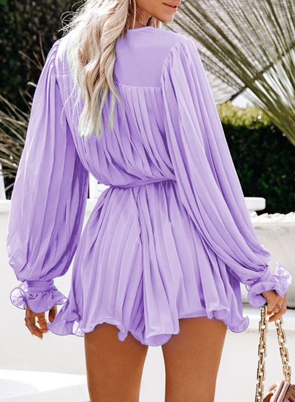 Womens Summer Rompers-Buttons V Neck Tie Waist Flared Pleated Drape Long Sleeve