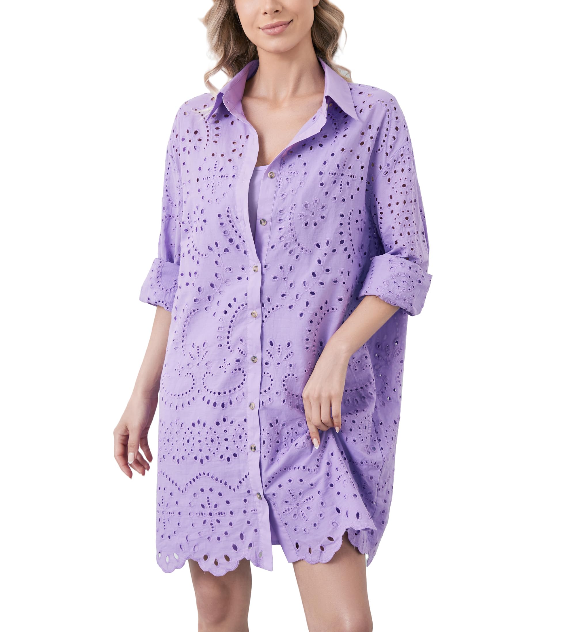 Women's Hollow Out Button Down Lapel Loose Mini Shirt Dress