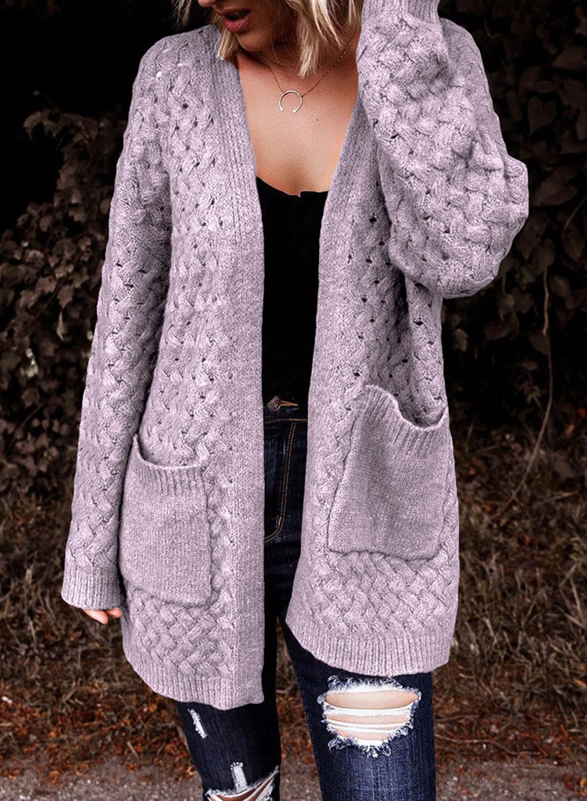 Women's Casual Open Front Long Sleeve Chunky Cable Knit Cardigans With Pockets