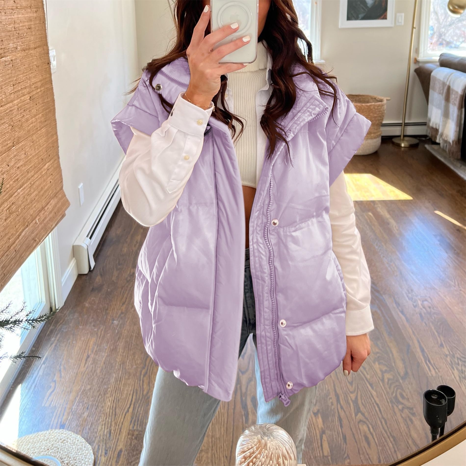Women's Oversized Stand Collar Full Zip Puffer Vest