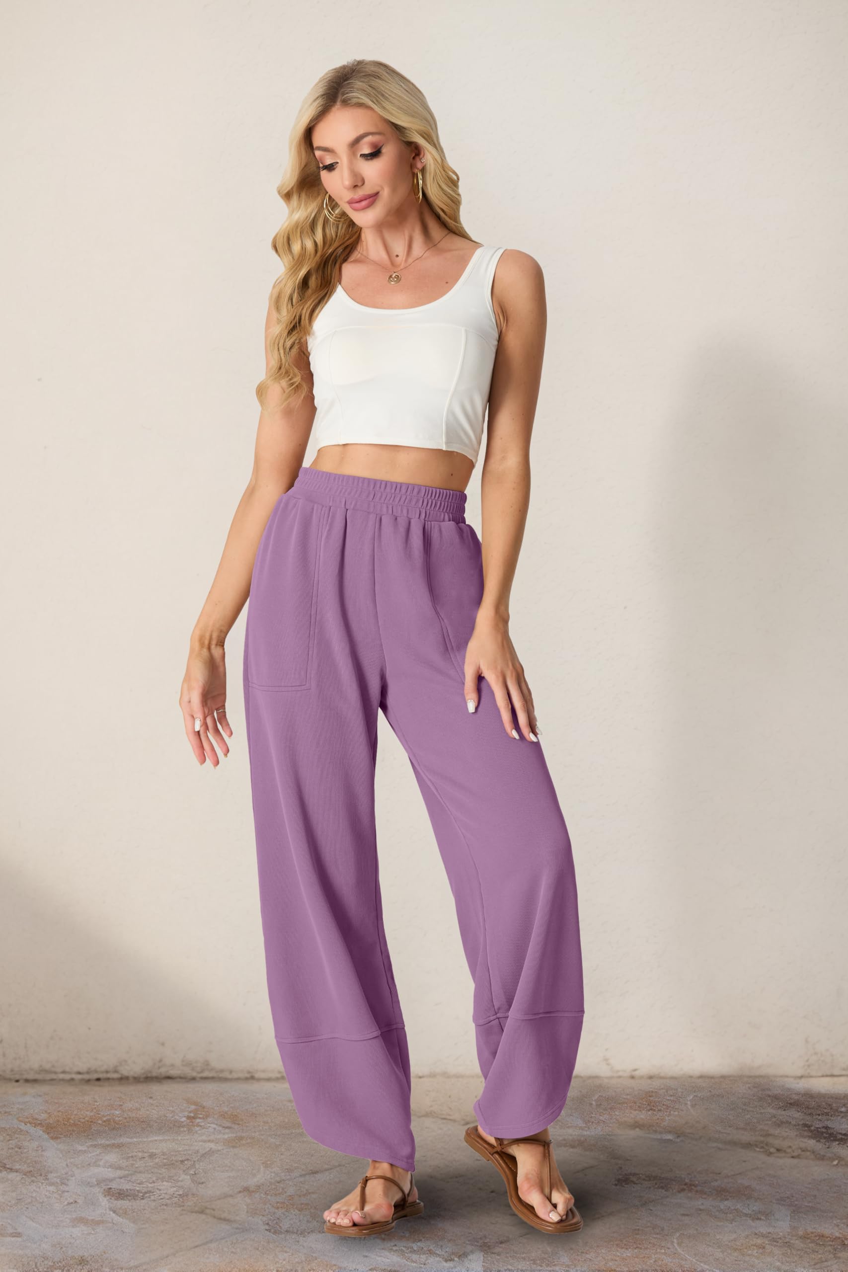 Women's Cotton Elastic Waisted Baggy Wide Leg Pants With Pockets