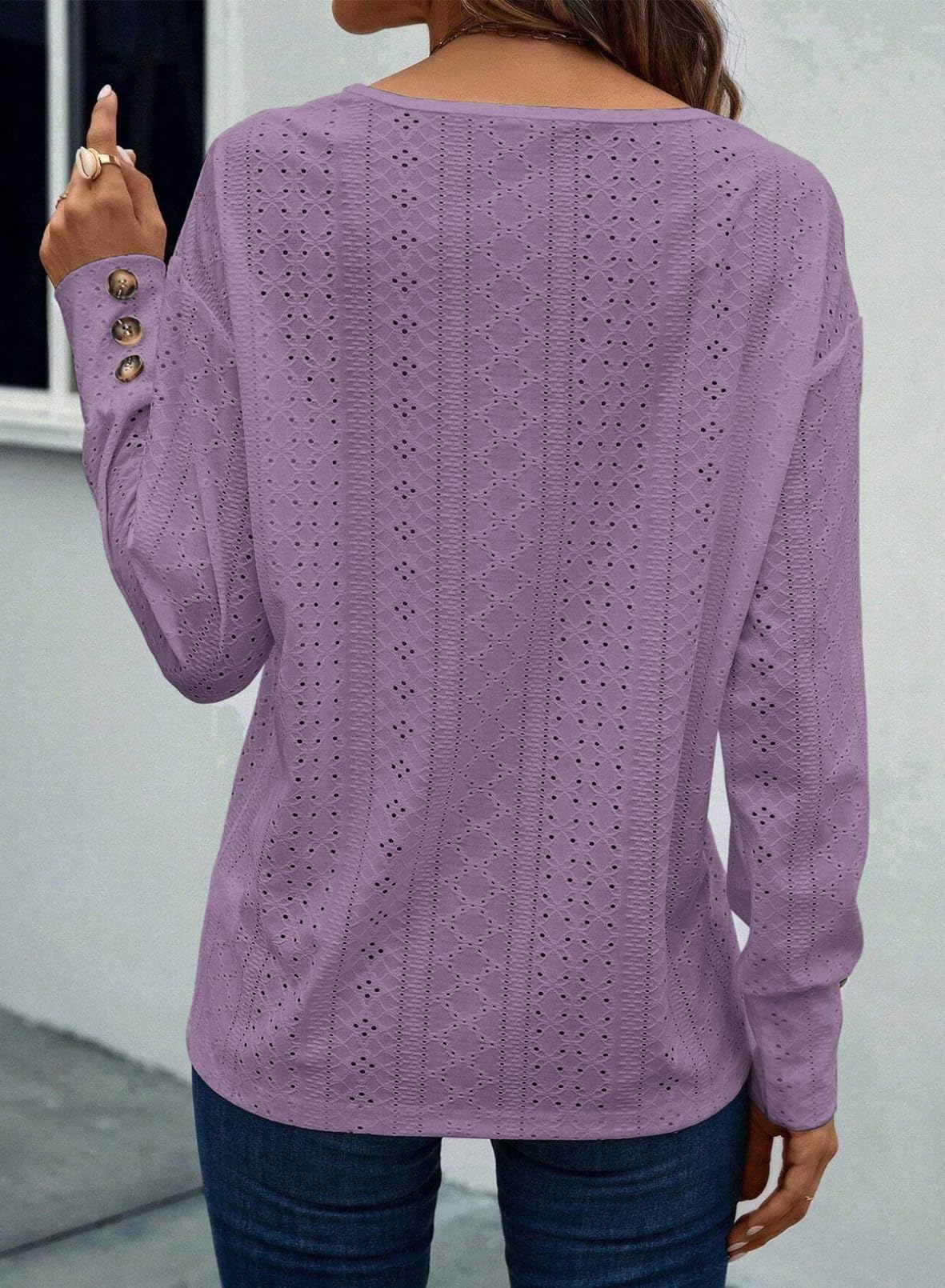 Women's Casual V Neck Long Sleeve Hollow Out Lace Embroidered Tops