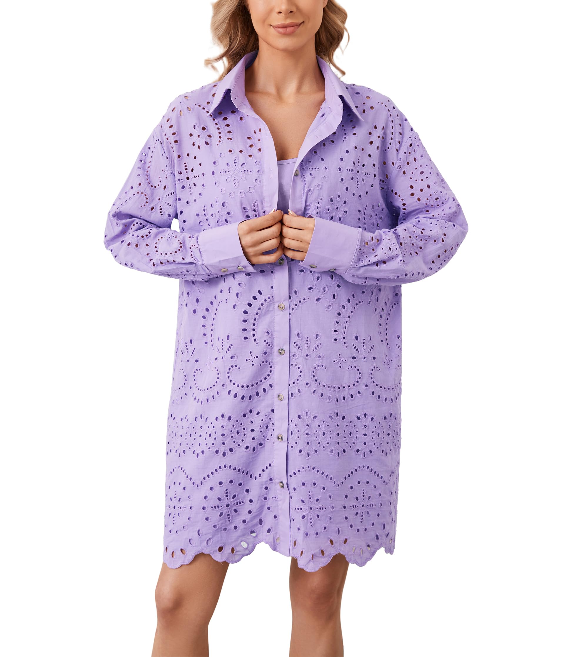 Women's Hollow Out Button Down Lapel Loose Mini Shirt Dress