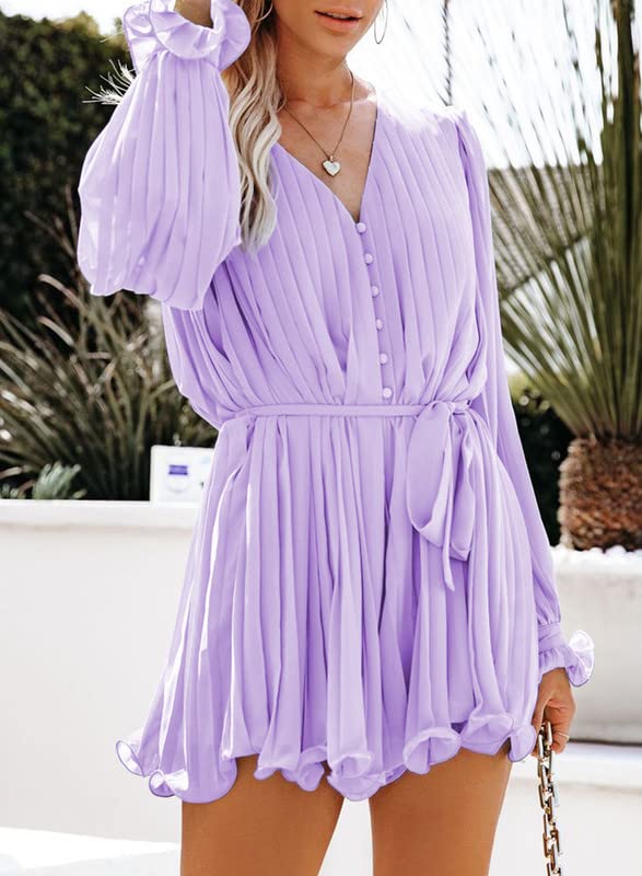 Womens Summer Rompers-Buttons V Neck Tie Waist Flared Pleated Drape Long Sleeve