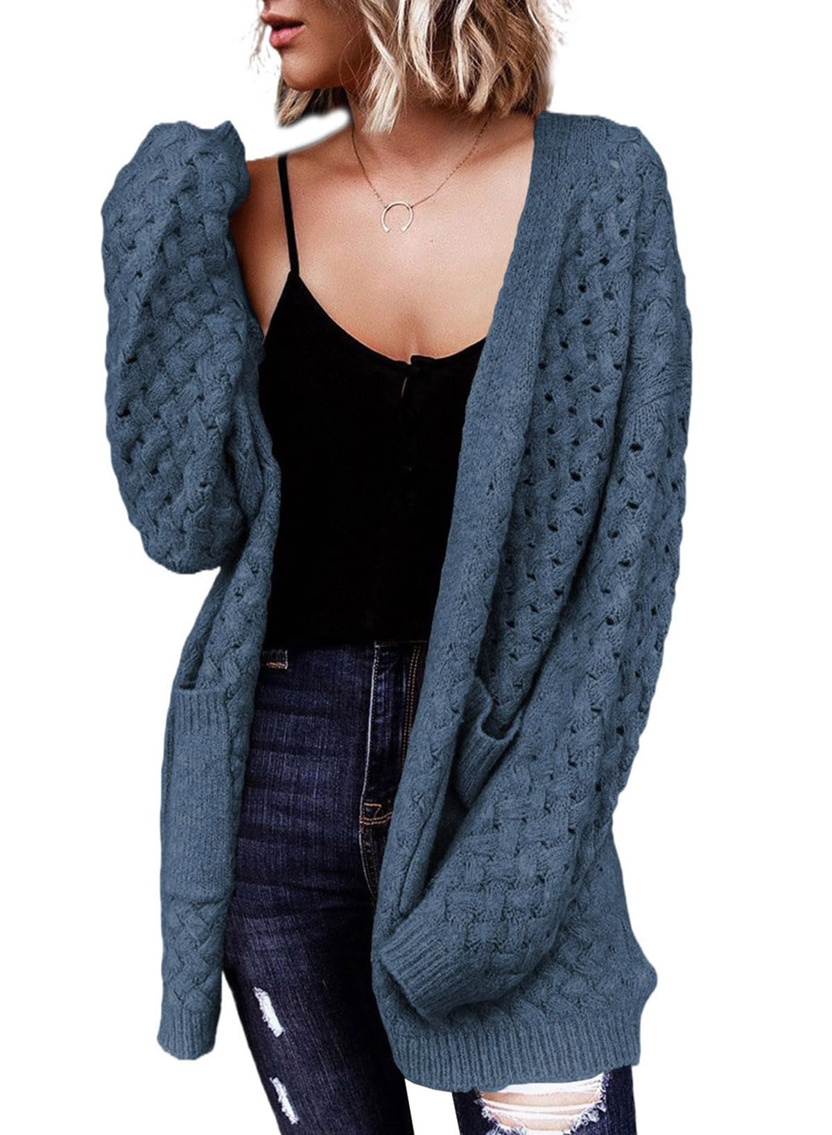 Women's Casual Open Front Long Sleeve Chunky Cable Knit Cardigans With Pockets