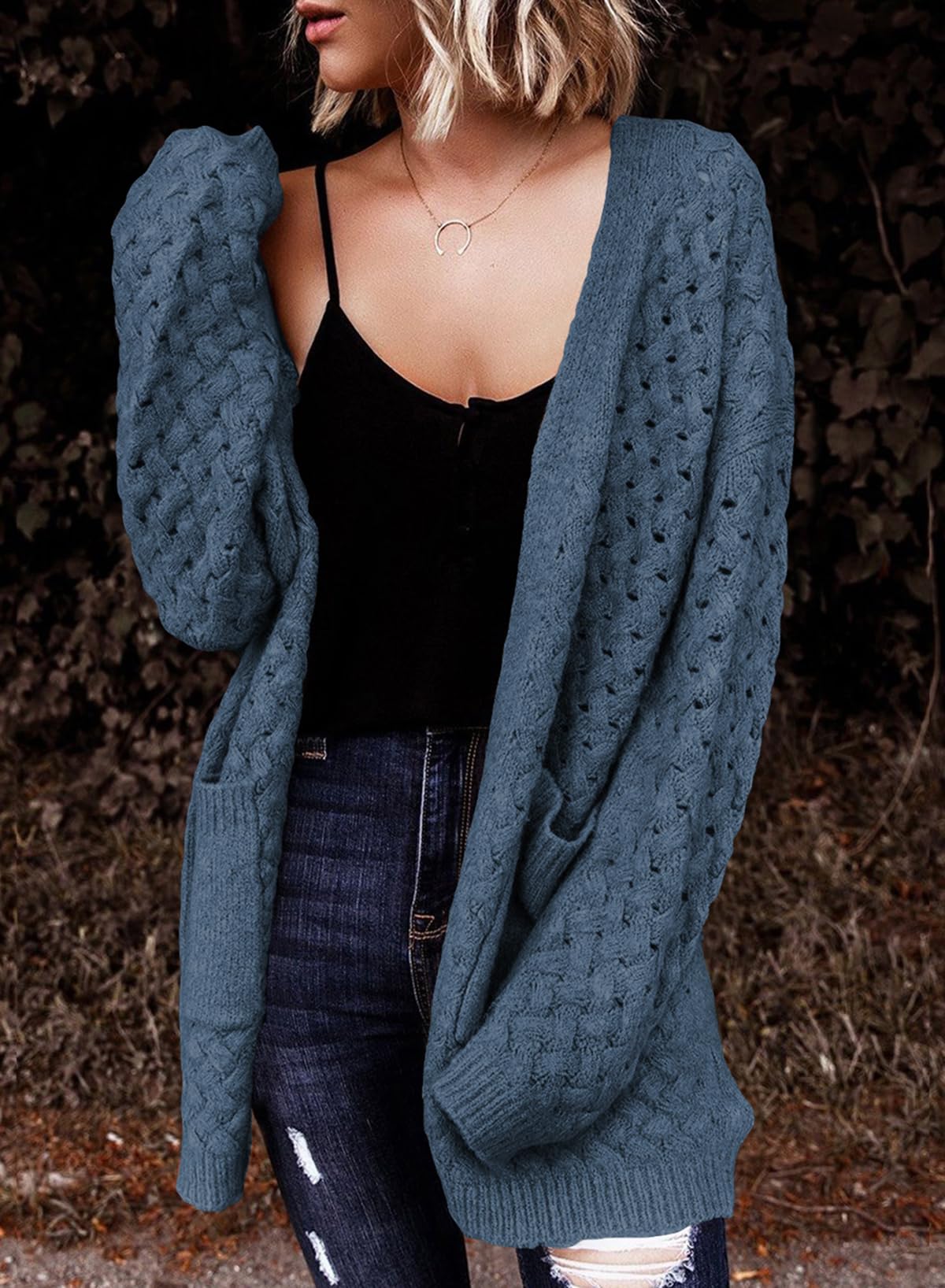 Women's Casual Open Front Long Sleeve Chunky Cable Knit Cardigans With Pockets