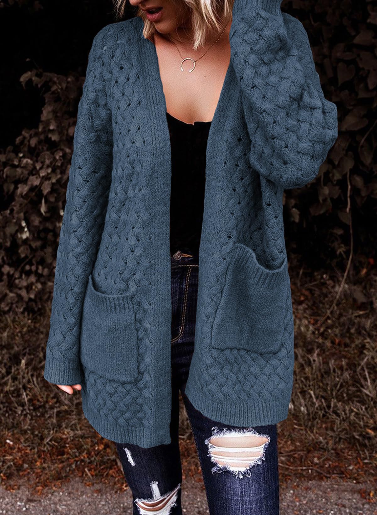 Women's Casual Open Front Long Sleeve Chunky Cable Knit Cardigans With Pockets