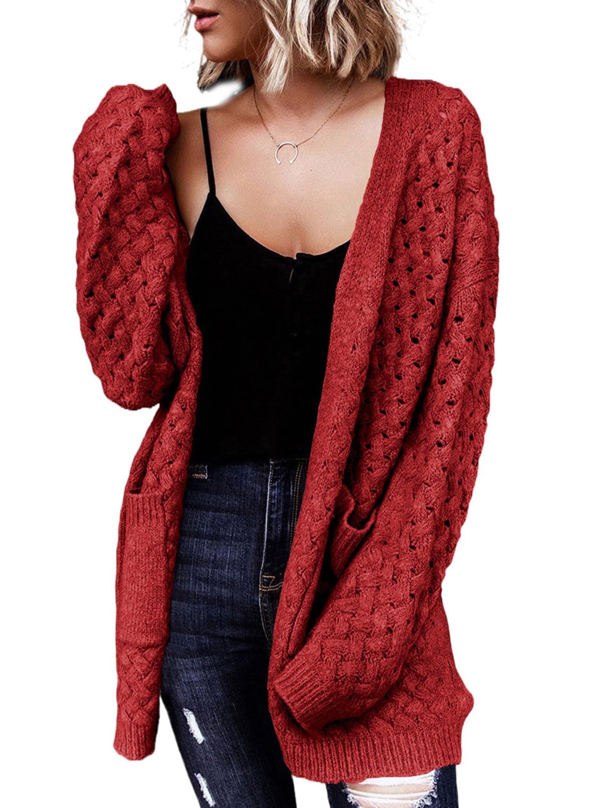 Women's Casual Open Front Long Sleeve Chunky Cable Knit Cardigans With Pockets