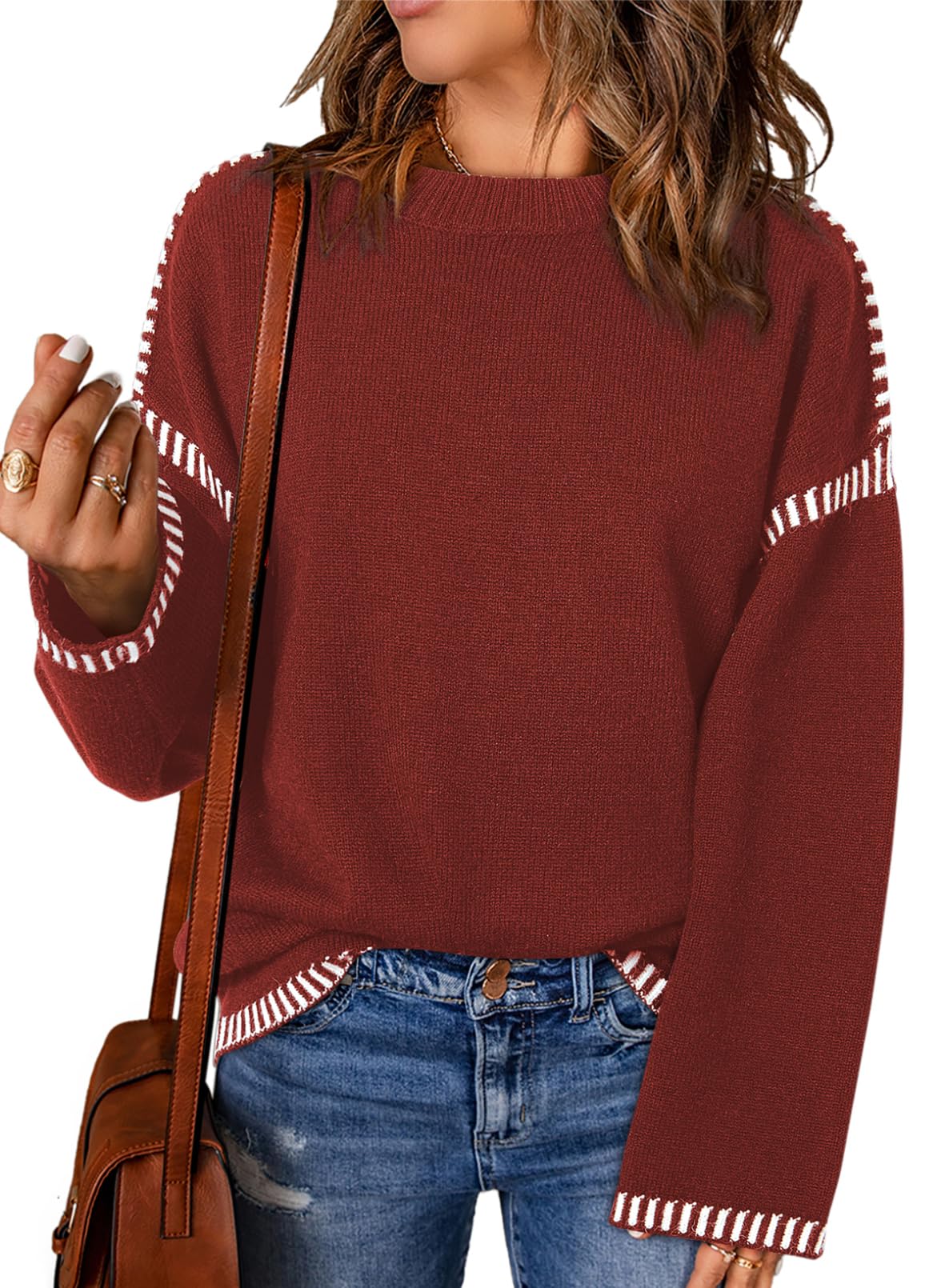 Women's Solid Crewneck Loose Fit Contrast Cable Knit Pullover Sweater