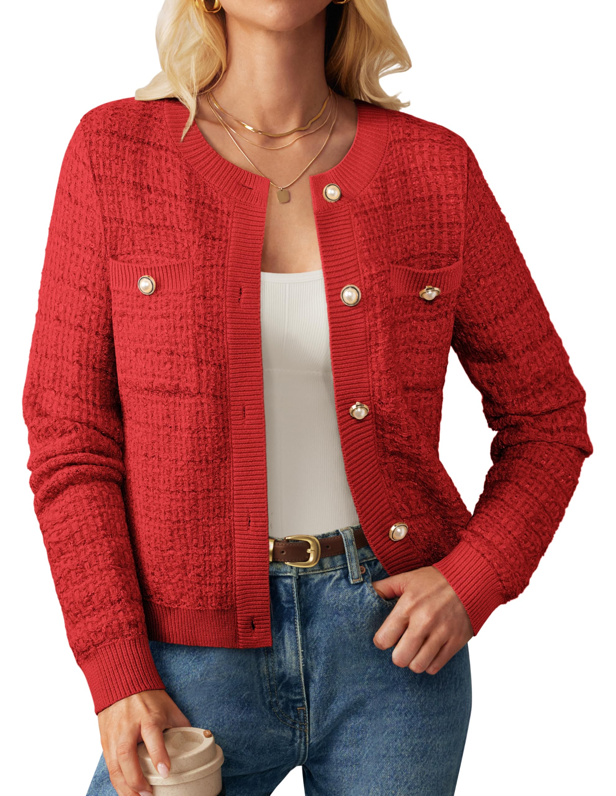 Womens Open Front Button Down Texture Knit Cardigan Sweaters with Pockets