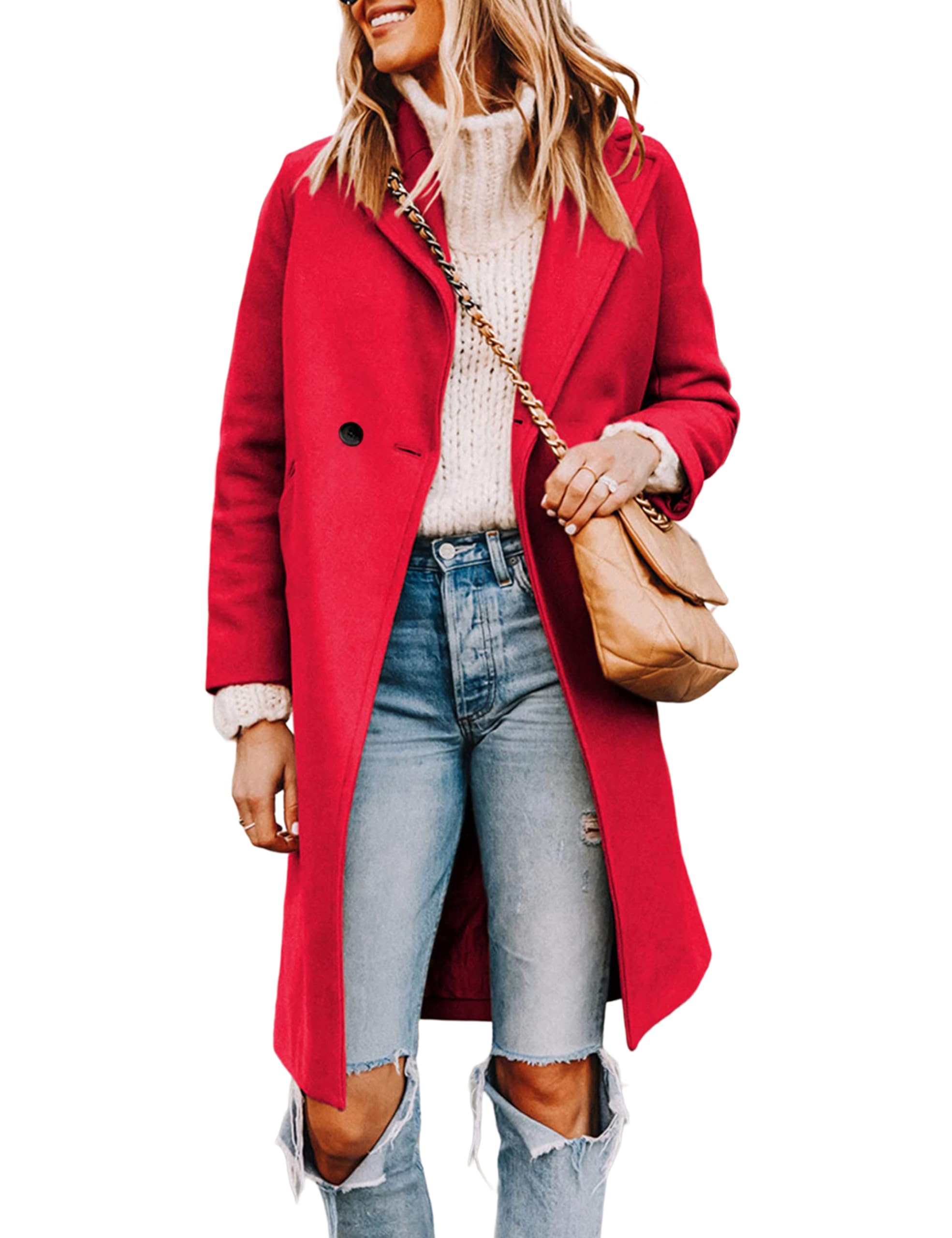 Women's Notch Lapel Double Breasted Wool Blend Mid Long Pea Trench Coat