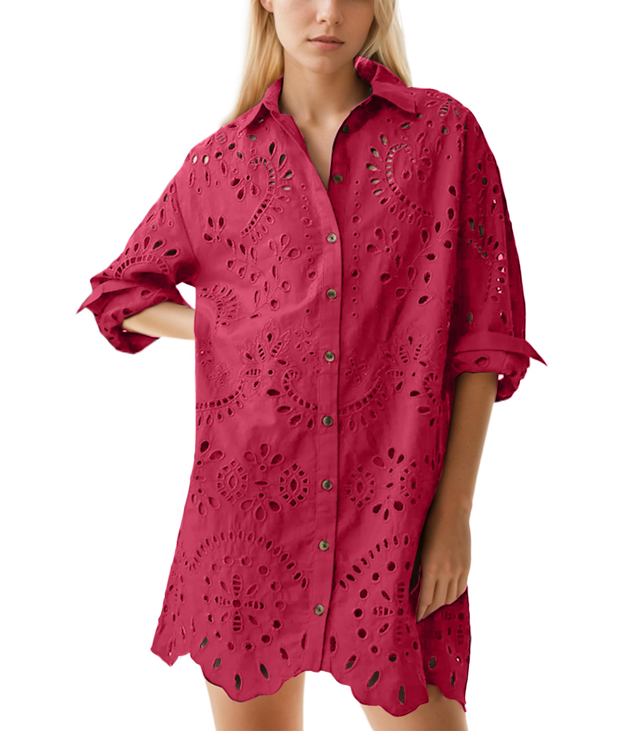 Women's Hollow Out Button Down Lapel Loose Mini Shirt Dress