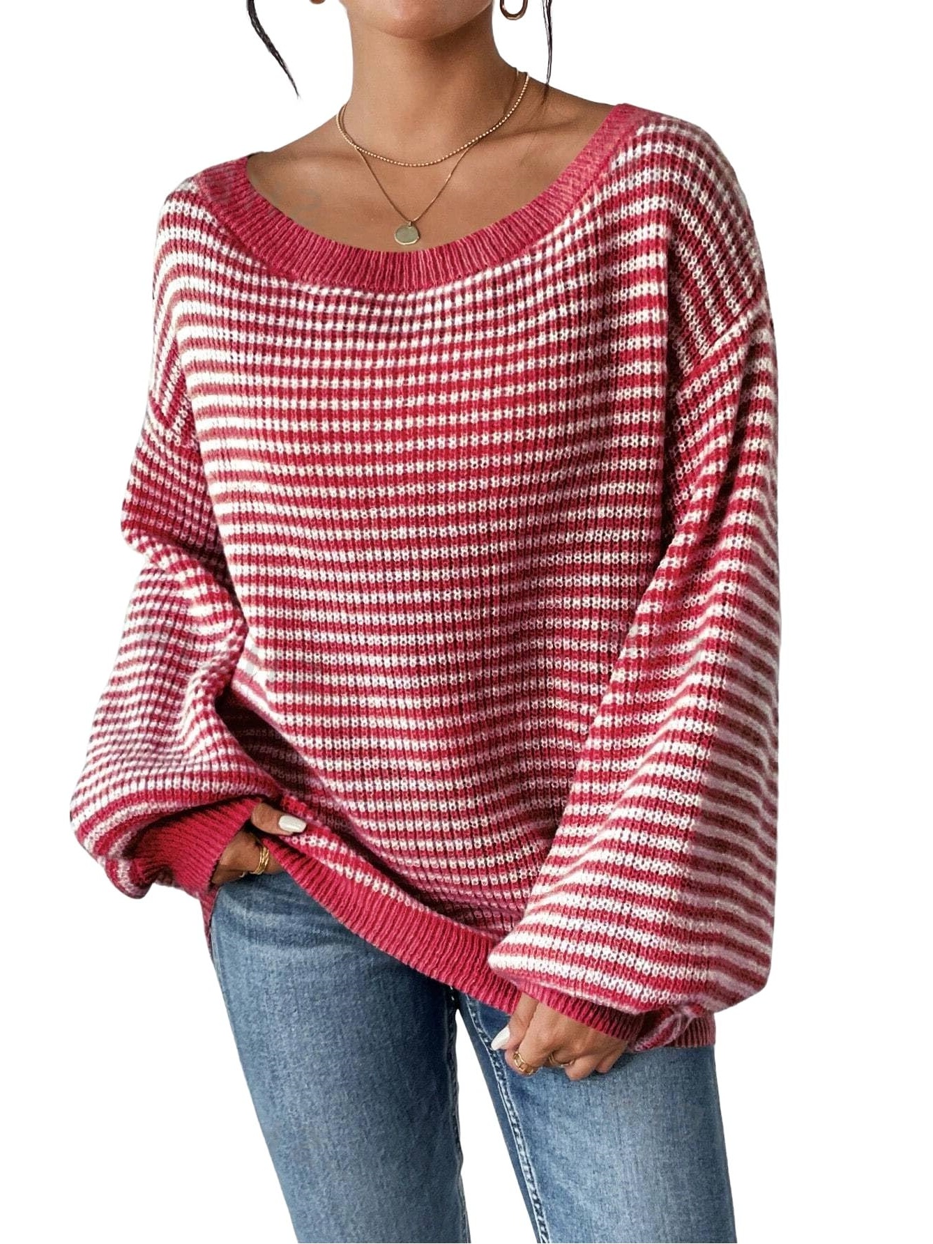 Striped Balloon Sleeve Pullover Sweater (Buy 2 Free Shipping)