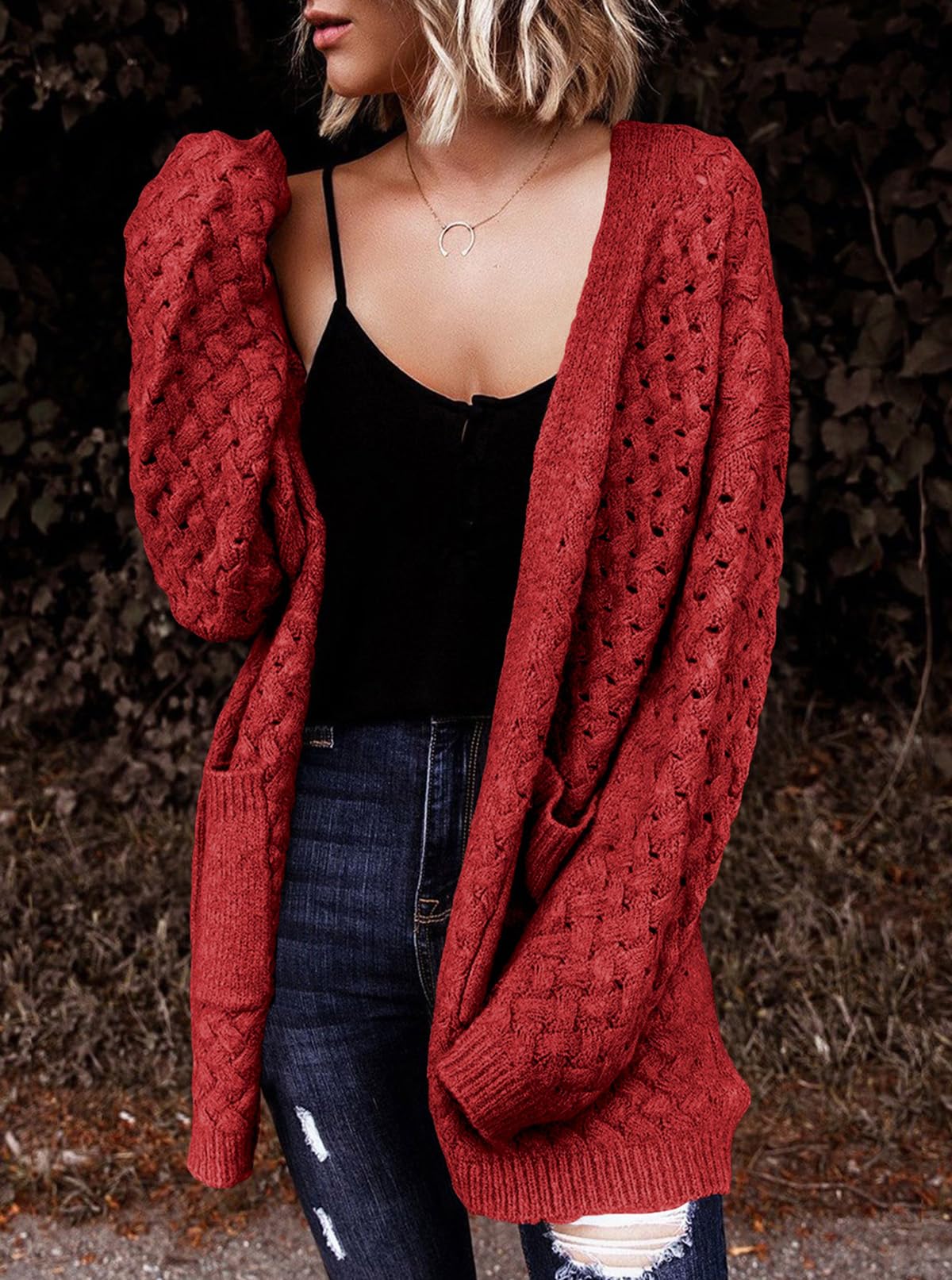 Women's Casual Open Front Long Sleeve Chunky Cable Knit Cardigans With Pockets