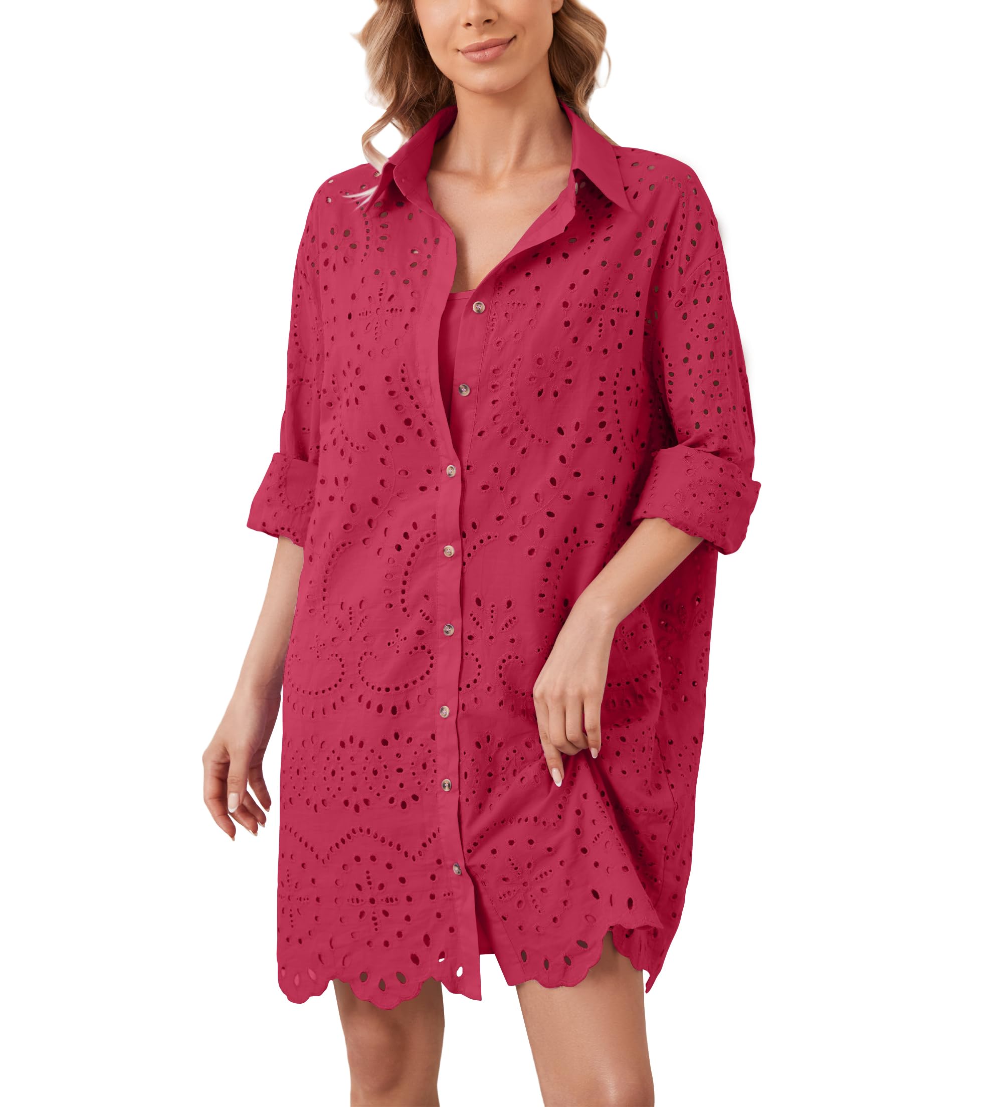 Women's Hollow Out Button Down Lapel Loose Mini Shirt Dress