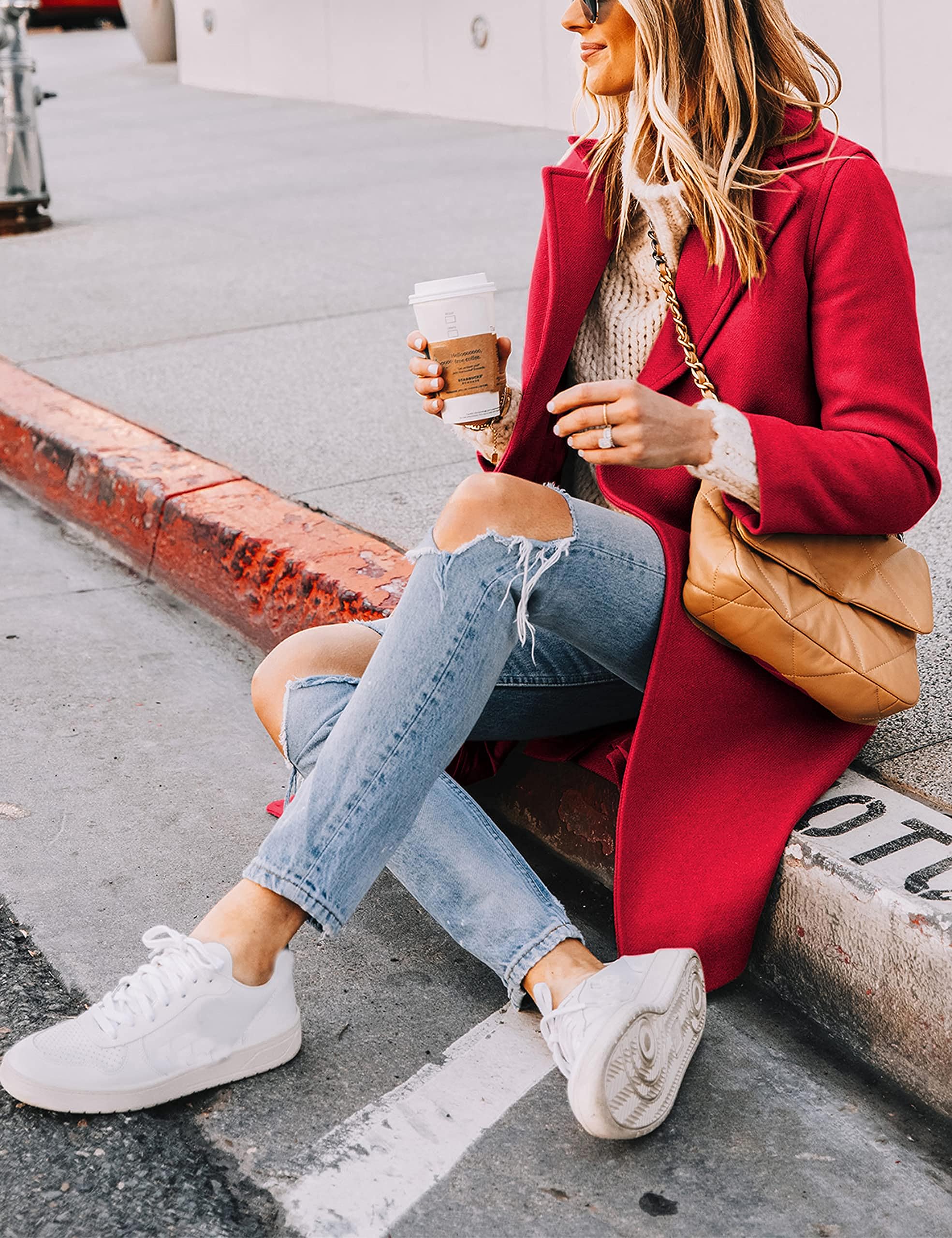 Women's Notch Lapel Double Breasted Wool Blend Mid Long Pea Trench Coat