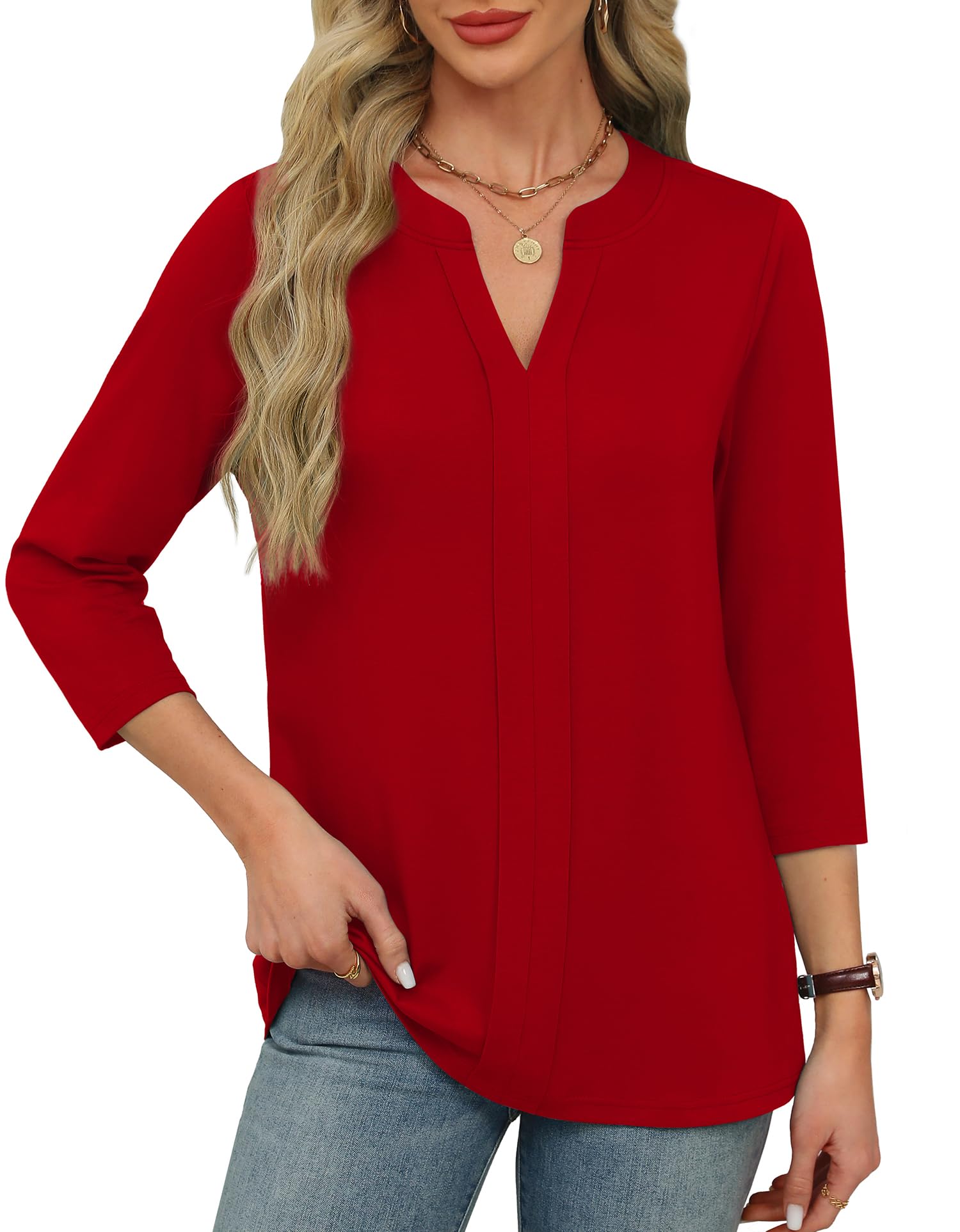 Womens 3/4 Length Sleeve Tops V Neck Pleated Work Blouses(buy 3 free shipping)