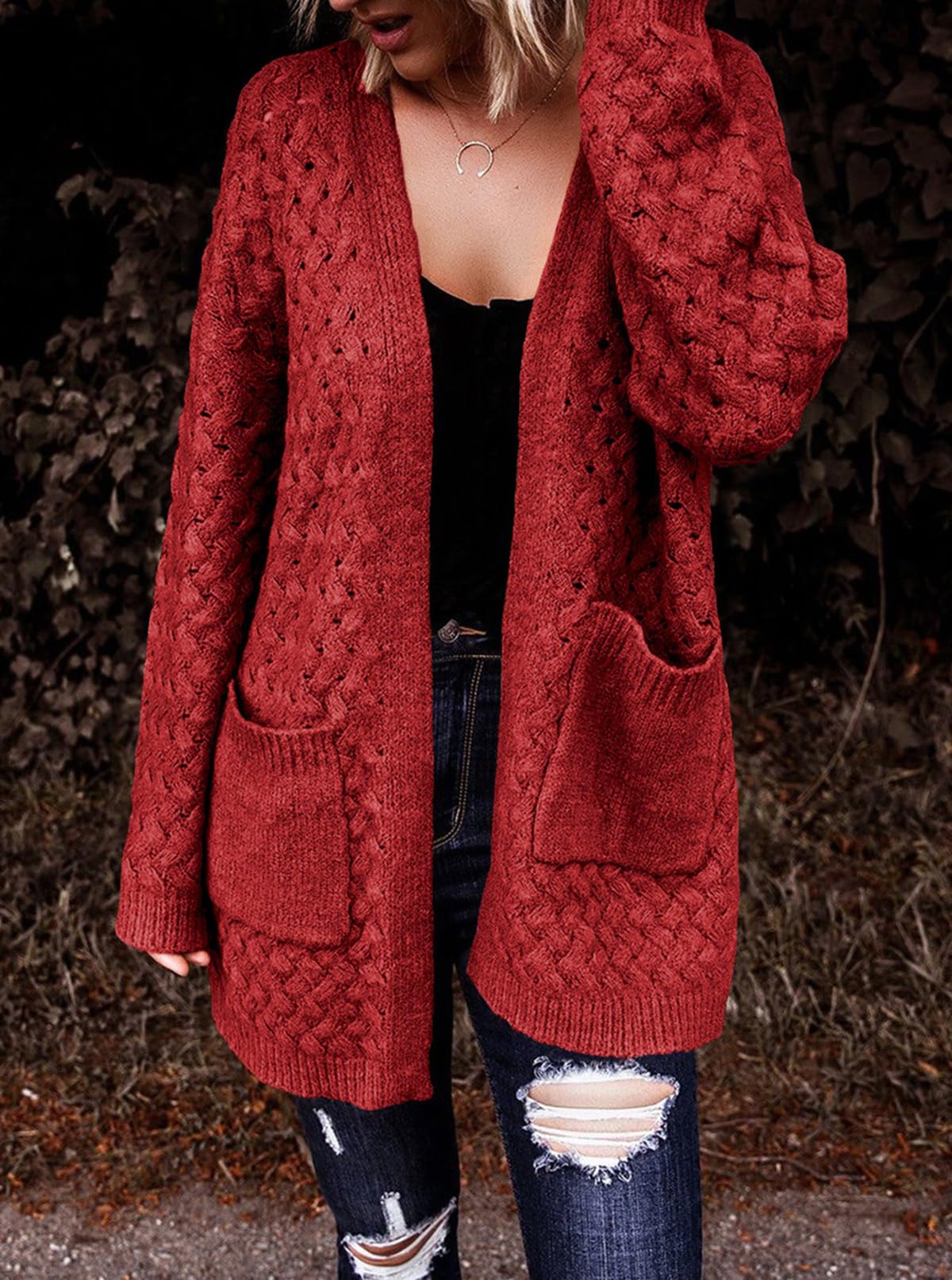 Women's Casual Open Front Long Sleeve Chunky Cable Knit Cardigans With Pockets